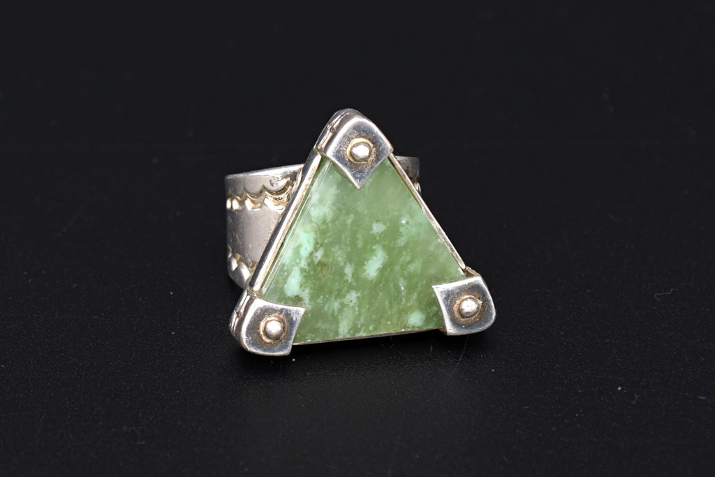 Desert Rose, Jay King Jewelry, Statement Ring Size 5 1/2 USA Charts, Sterlign Silver And Jadeite Nephrite, Triangle Shaped, Post Modern Art