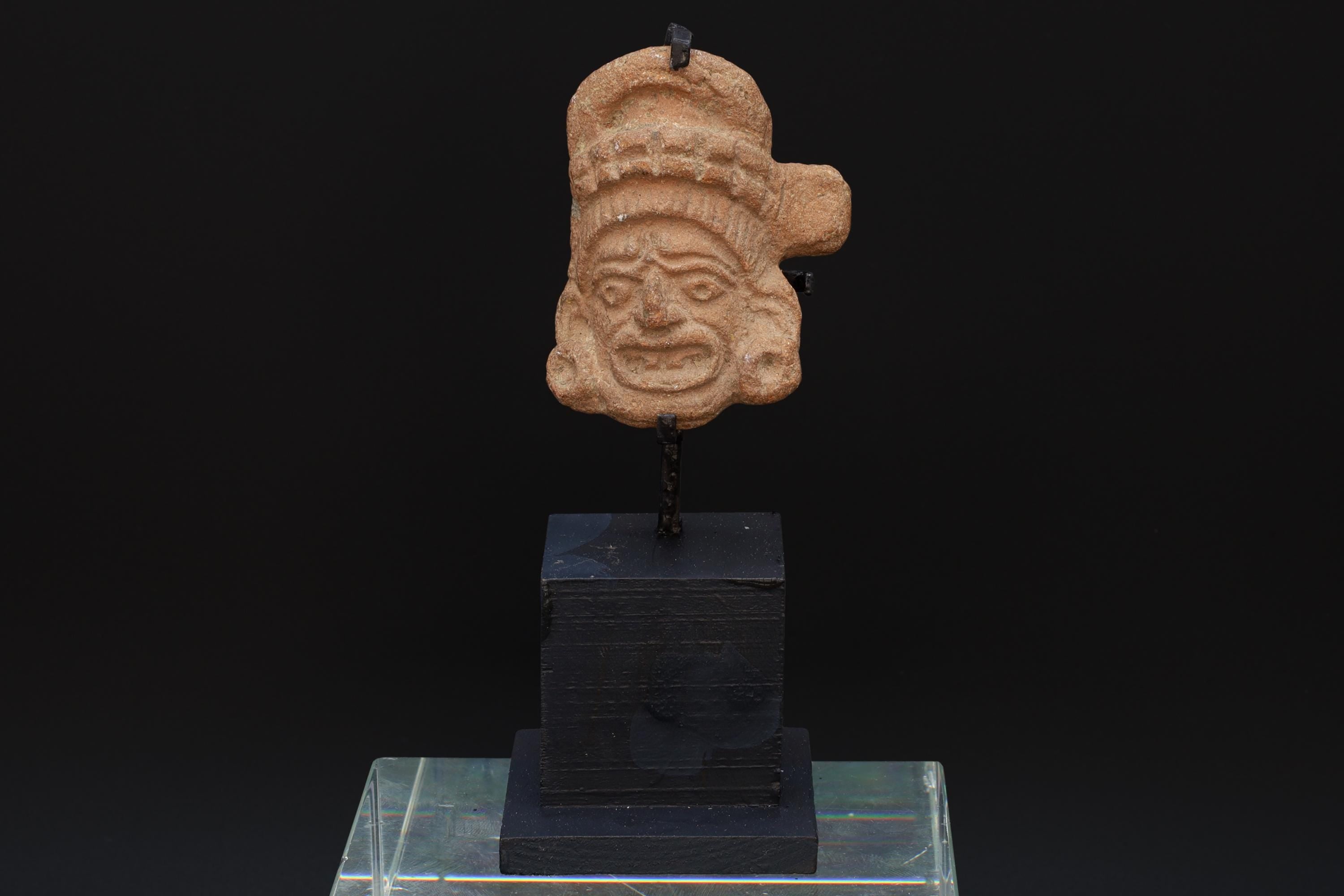 Maya Warrior Head Applique, PreColumbian Ceramic Figurine, Mayan Late Classic Period Ca 800 AD, Prehispanic Mexico Antiquities Art