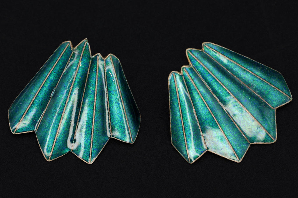 Large Stud Earrings, Green Enamel On Gold Gilt Vermeil Silver, Origami Modernist Design, Vintage Fashion Accessories, Gift to her
