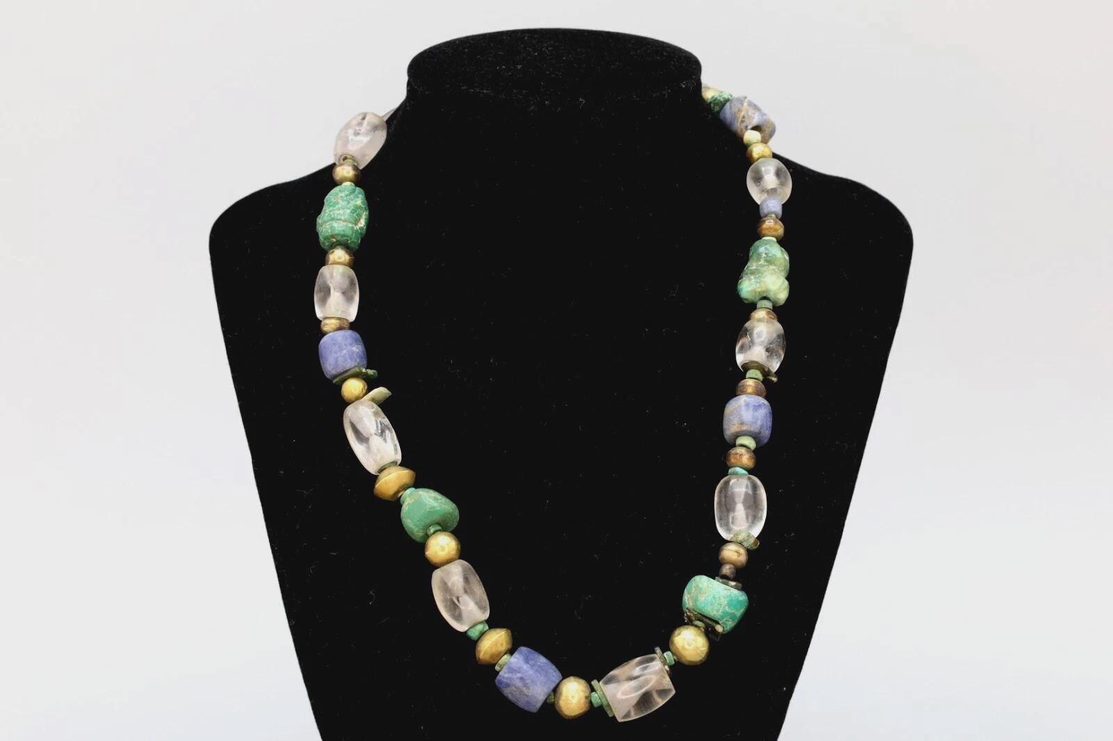 Ancient Pre-Columbian Gemstone Beads Collection, 14th Century AD Inca Aymara Beaded Necklace With Gold Ball Spacers, Antiquities And Jewelry