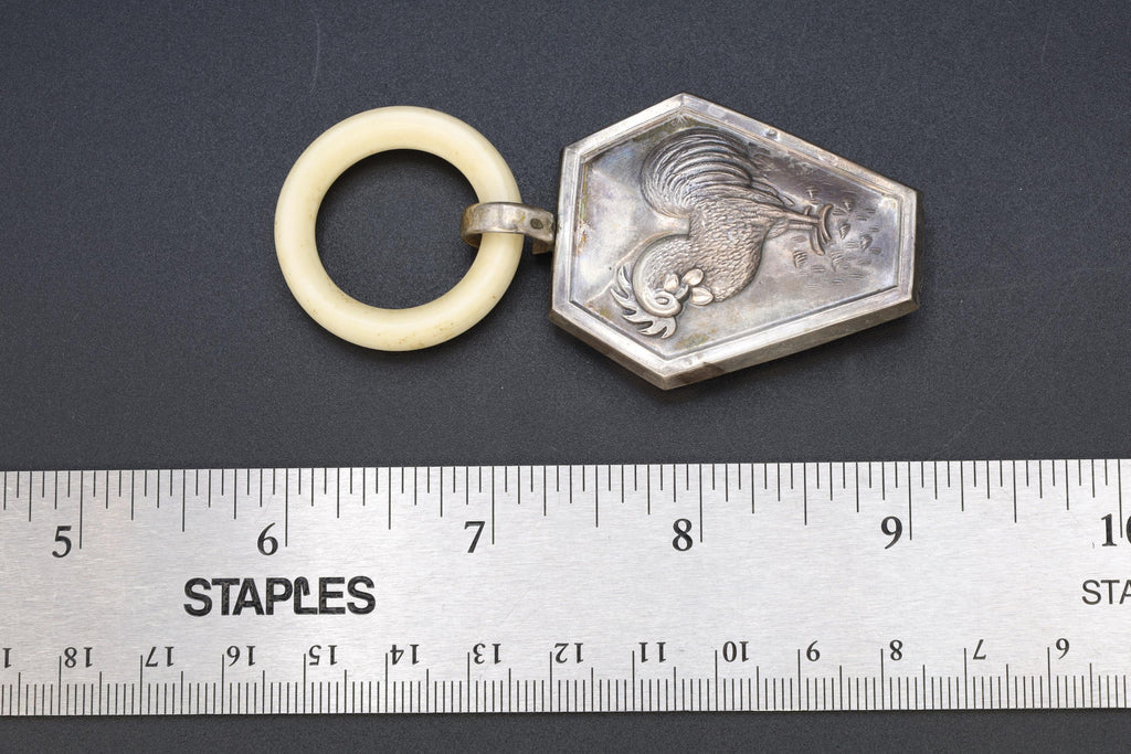 Vintage 1950s Rattle, Portuguese 833 Silver Baby Rattle, Rooster Cock Bird Embossed Rattle With Celluloid Teething Ring, Toys Collectibles