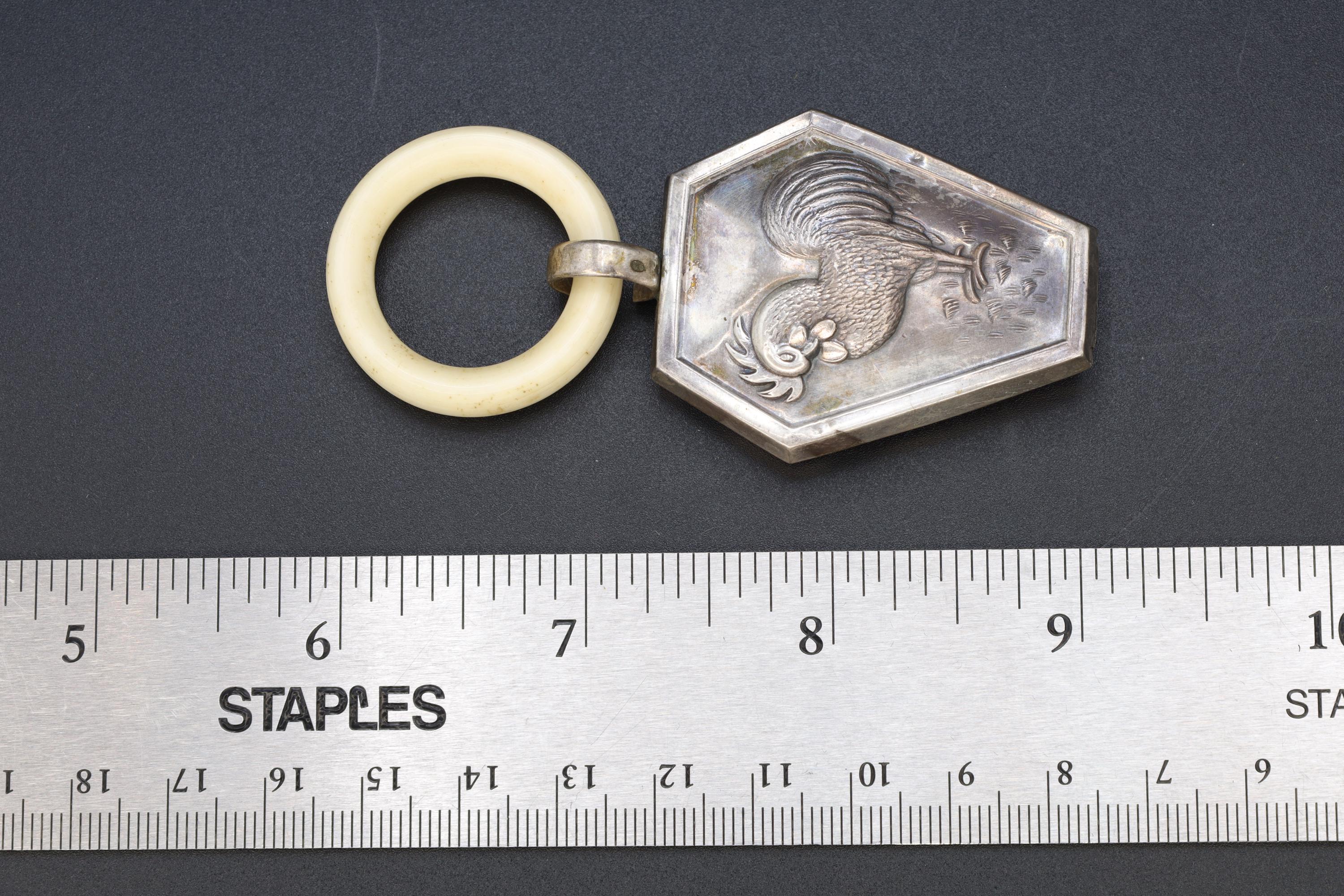 Vintage 1950s Rattle, Portuguese 833 Silver Baby Rattle, Rooster Cock Bird Embossed Rattle With Celluloid Teething Ring, Toys Collectibles