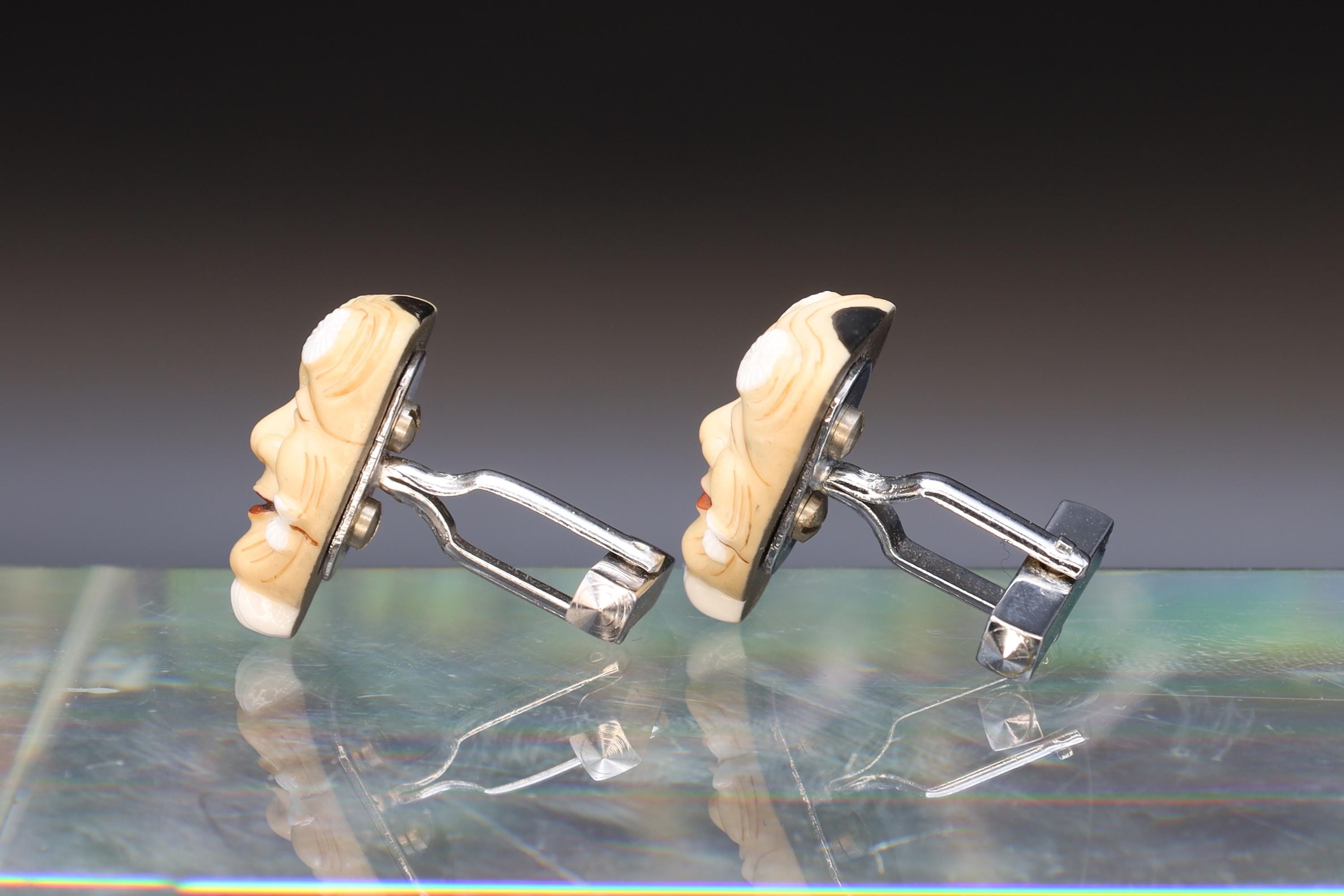 Toshikane Cufflinks, Molded And Painted Porcelain, Okina Noh Theatre From Japan Hakushiki-jo Mask, Happy Old White Man, Fashion Accessories
