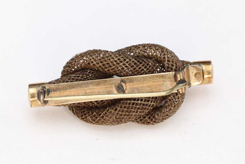 Victorian Era 1880s Jewelry 9 Karats Gold Brooch, Braided Infinite Interlocking Symbol, Memento Mori Pin, England UK, Fashion Accessories