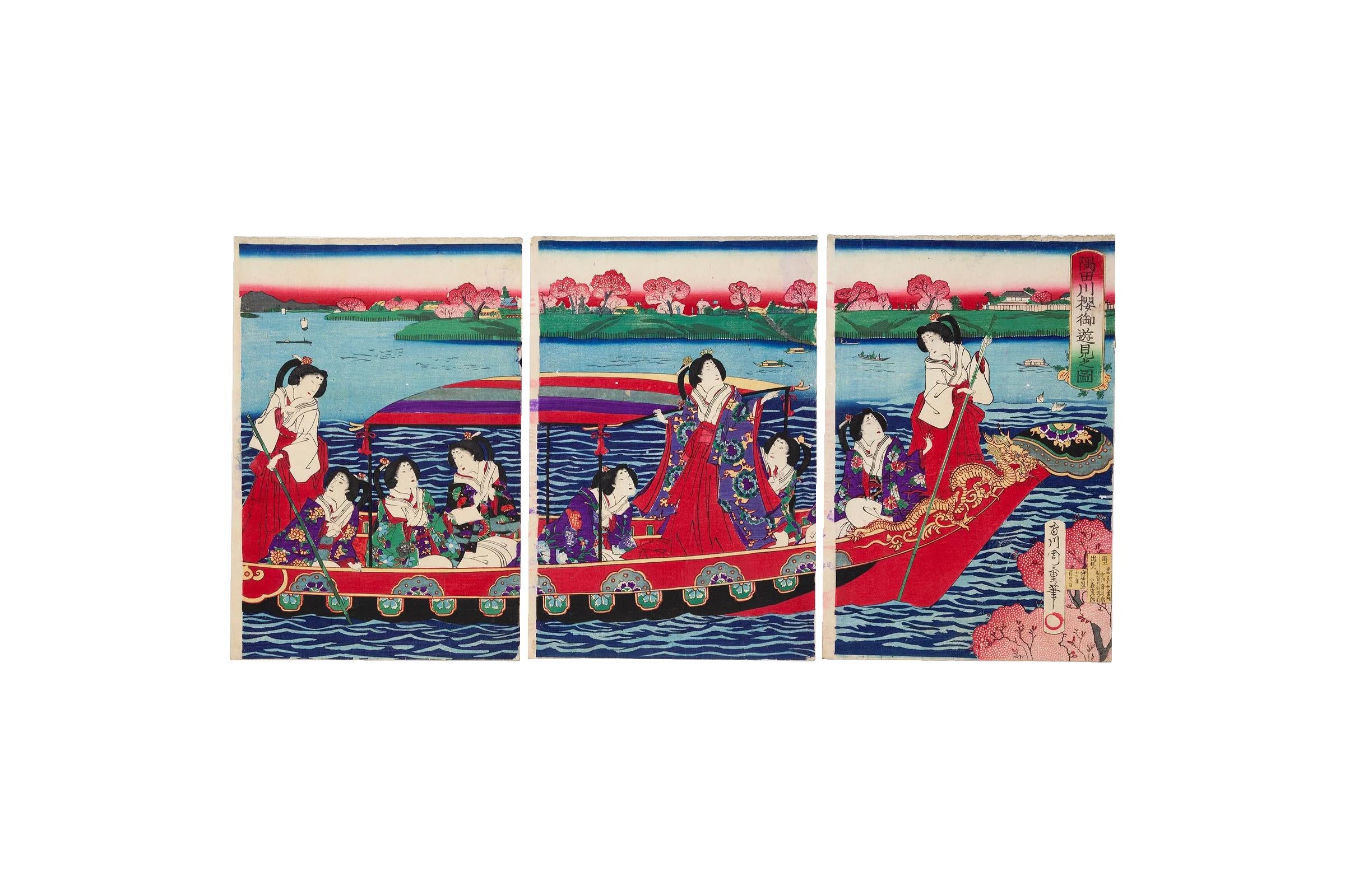 Japan 1879 Meiji Era Woodblock Print By Chikashige Morikawa, Noble Ladies On A Boat And Cherry Blossoms, Triptych Panels Set, Asian Arts