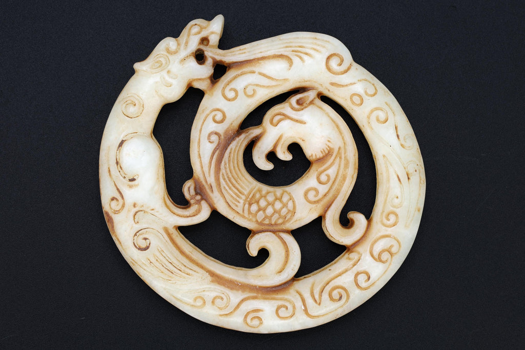 Chinese Round Amulet, Carved Stone Dragon And Phoenix Mythological Animals, Two Sided Round Pendant, Feng Shui, Oriental Asian Accessories