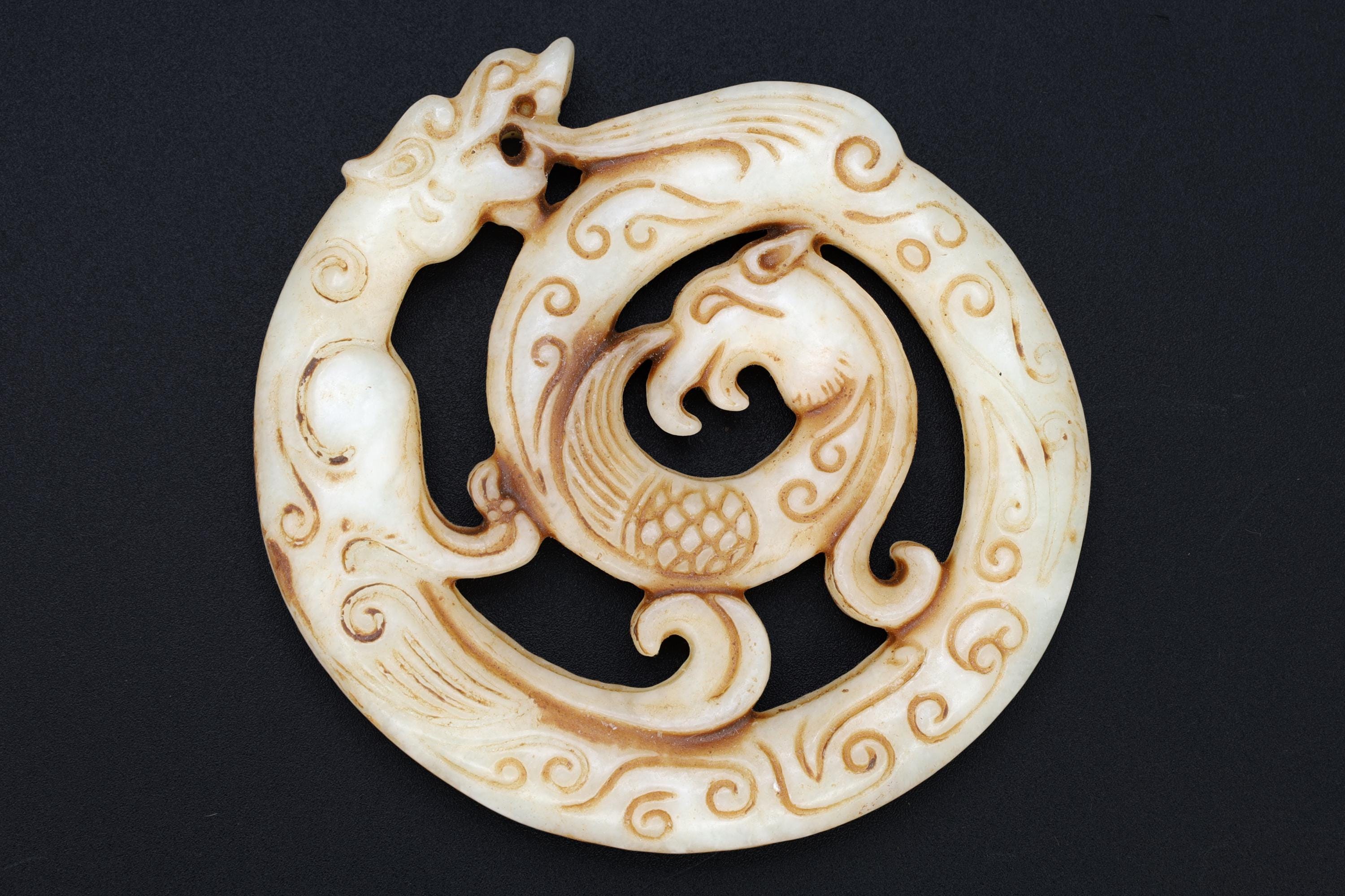 Chinese Round Amulet, Carved Stone Dragon And Phoenix Mythological Animals, Two Sided Round Pendant, Feng Shui, Oriental Asian Accessories