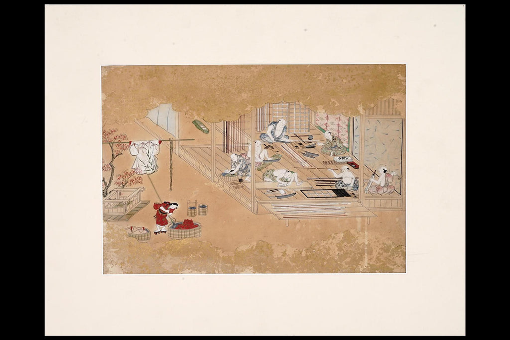 Edo Period Hand Painted Scroll, Early 19th Century Japanese Emakimono Fragment Depicting People Working In A Wood Workshop And Laundry