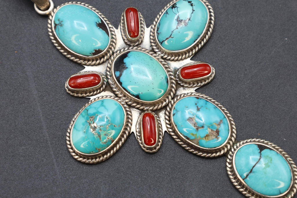 Native American Large Cross Pendant By DEAN BROWN, Signed Sterling Silver With Natural Blue Turquoise And Red Coral