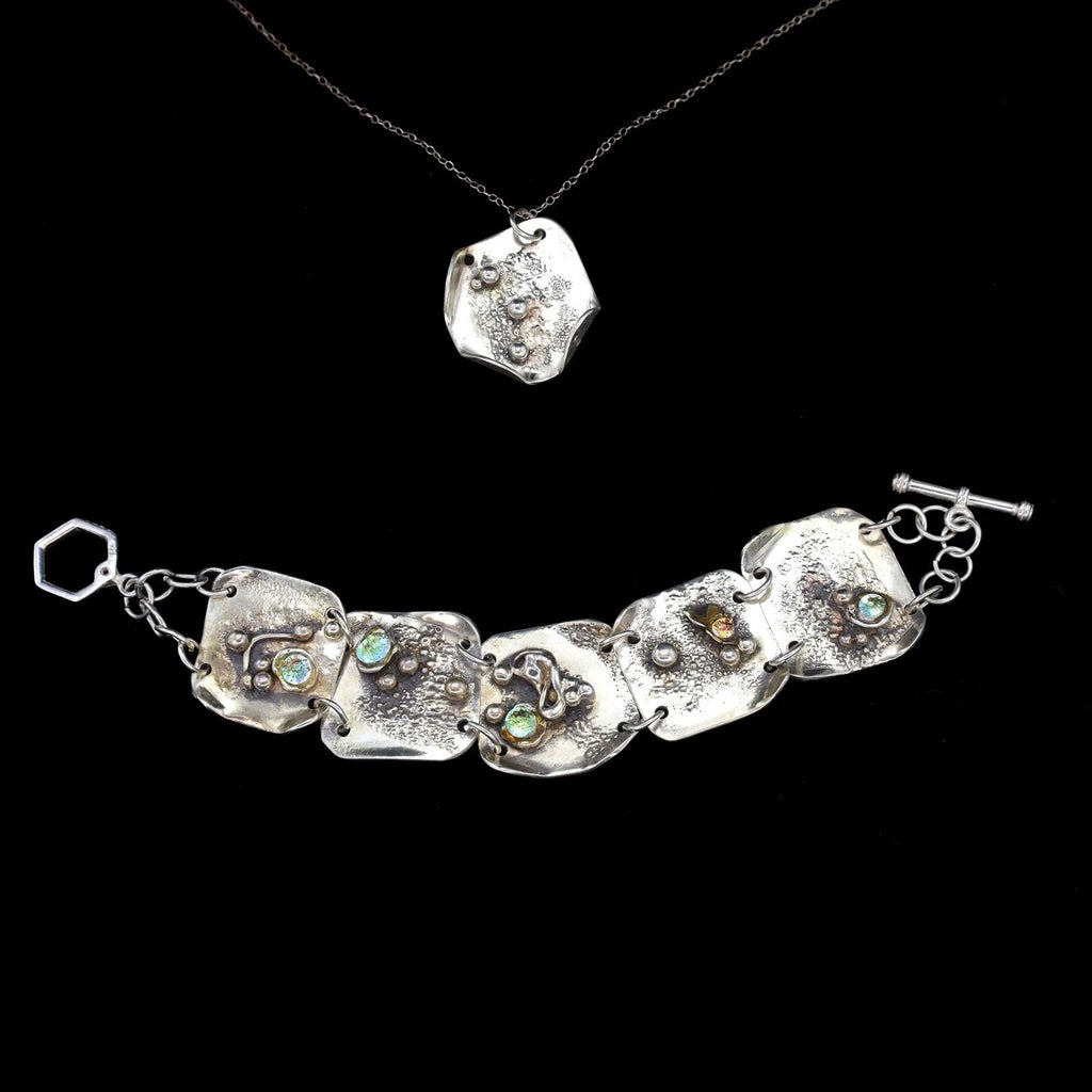 Elegant Brutalist Jewelry Set, 925 Sterling Silver And Foiled Glass Cabochons, Vintage Modernist Fashion
