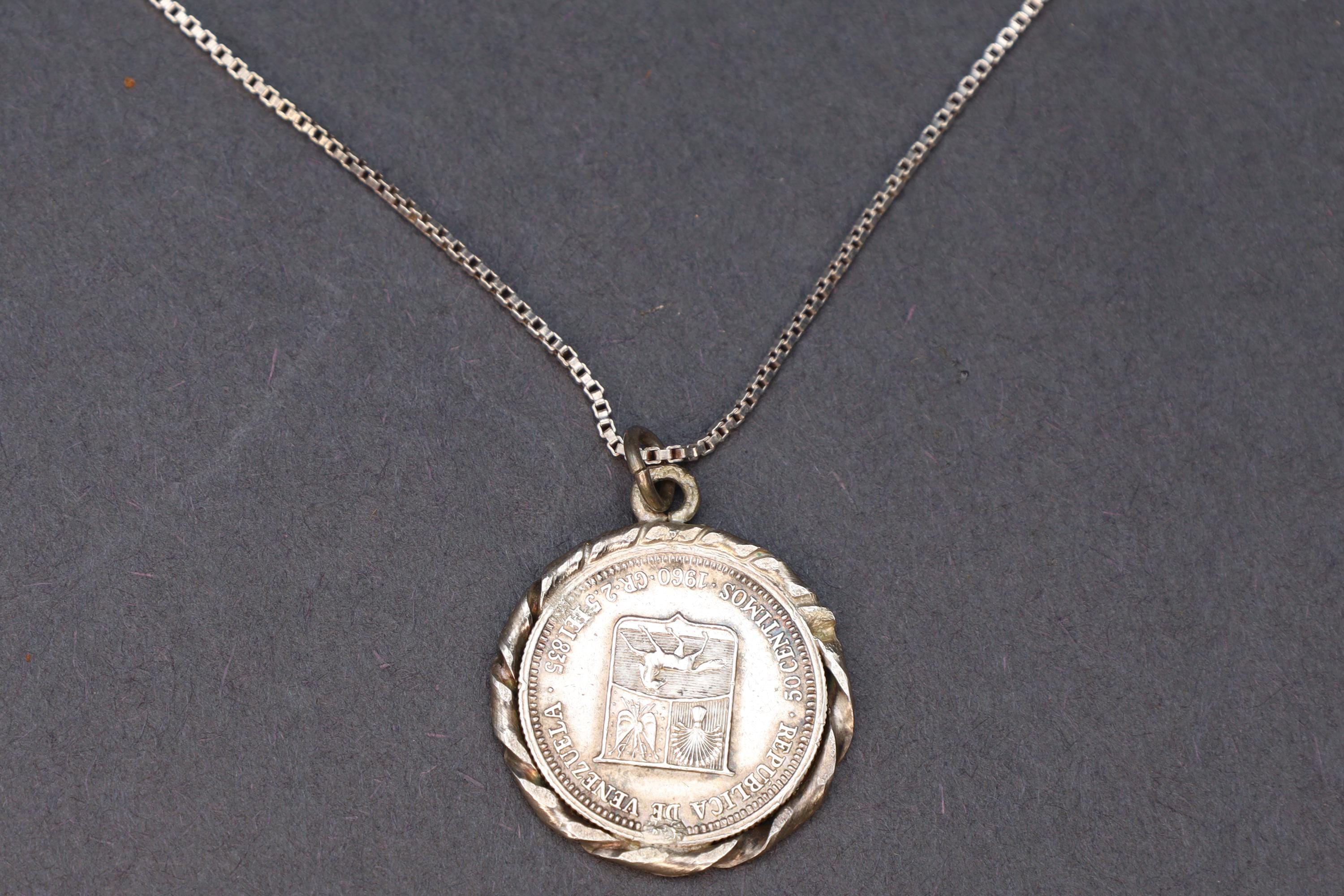 Bolivar Libertador, Venezuela Silver Coin Pendant Necklace, 50 Cents Venezuelan Coin, 835 Silver Grade On 925 Sterling Chain And Settings