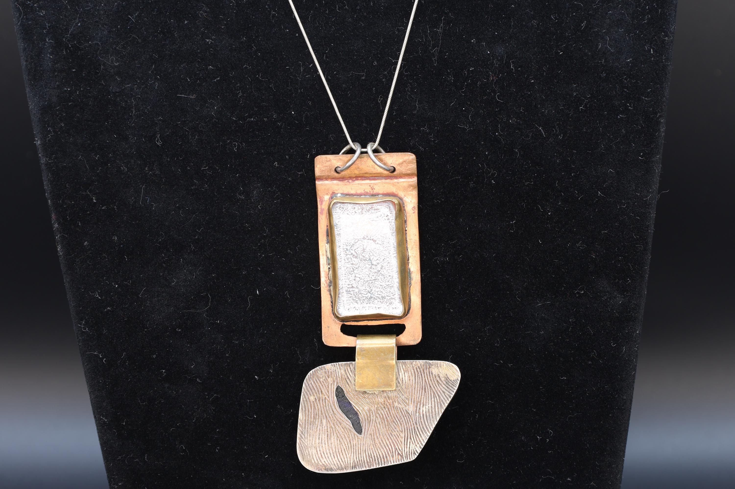 Handmade Brutalist Pendant Necklace, Dichronic Glass, 925 Sterling Silver And Copper, California USA Modernist Fashion Accessories Jewelry