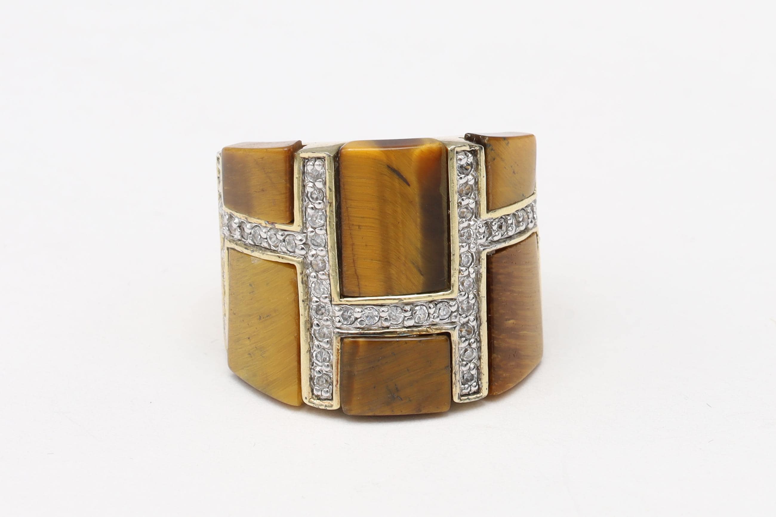 PalmBeach Jewelry 0.46 TCW Emerald Cut Genuine Tiger's Eye Cubic Zirconia Accent Yellow Gold-Plated Band Ring Size 4 1/2