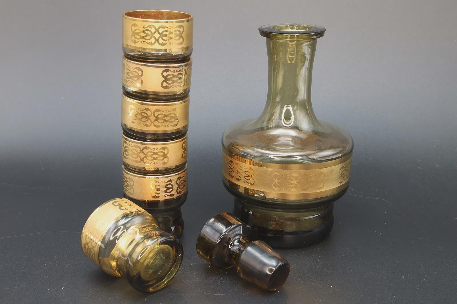 Vintage 1970s Czech Bohemia Decanter Bottle With Six Shots Glasses, USSR Soviet Era Smoky Glass And 24 Karats Yellow Gold Overlay