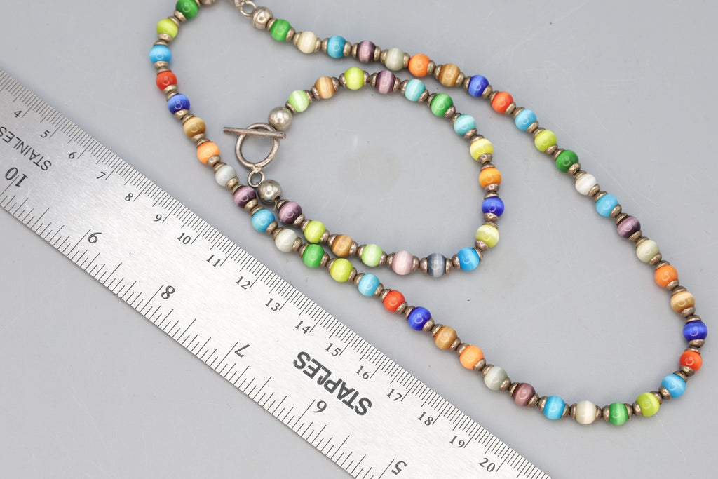 Rainbow Cats Eye Glass Necklace And Bracelet, Mexico 925 Sterling Silver, Ball Beads With Round Cap End Capsule Link, Modernist Jewelry Set