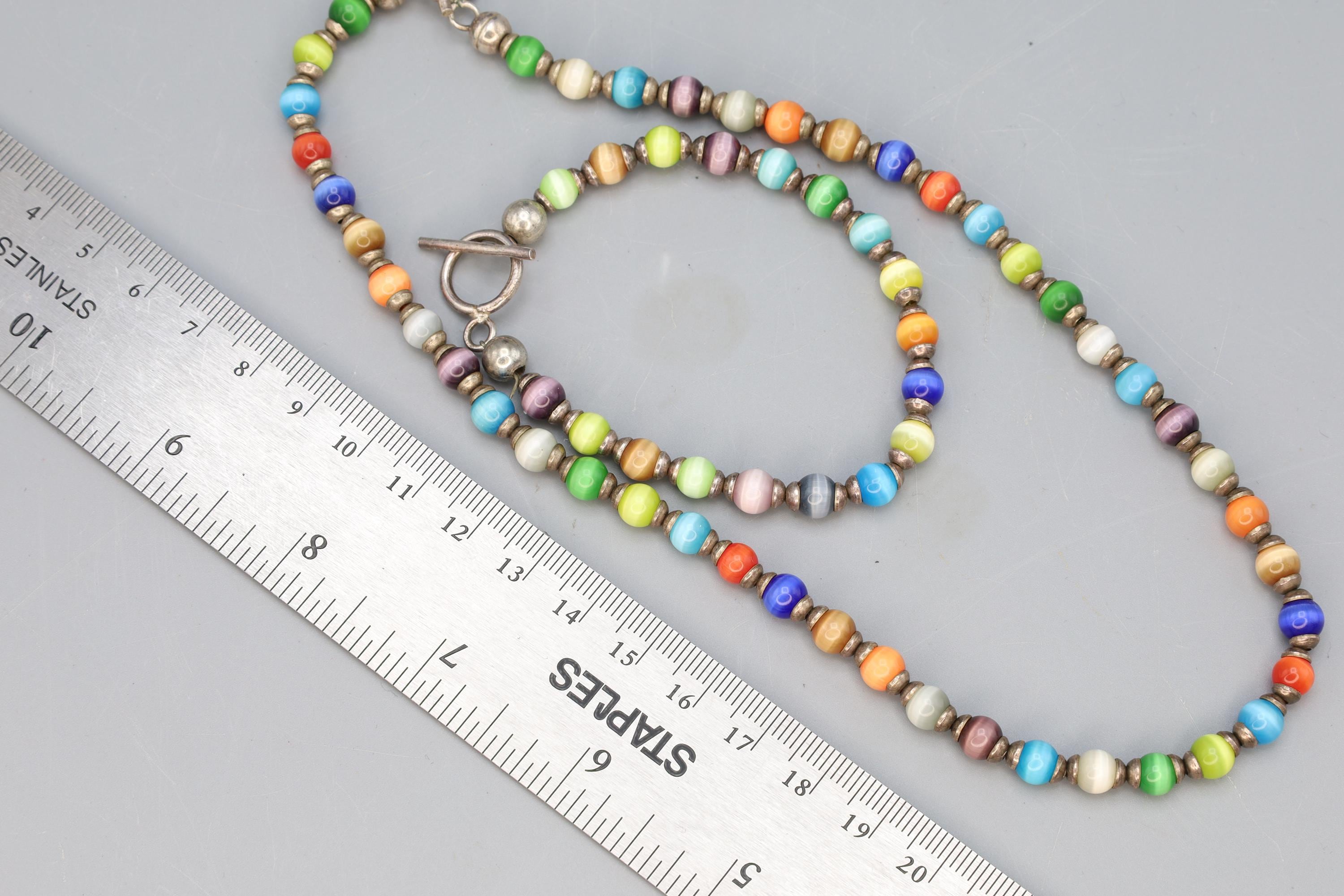 Rainbow Cats Eye Glass Necklace And Bracelet, Mexico 925 Sterling Silver, Ball Beads With Round Cap End Capsule Link, Modernist Jewelry Set