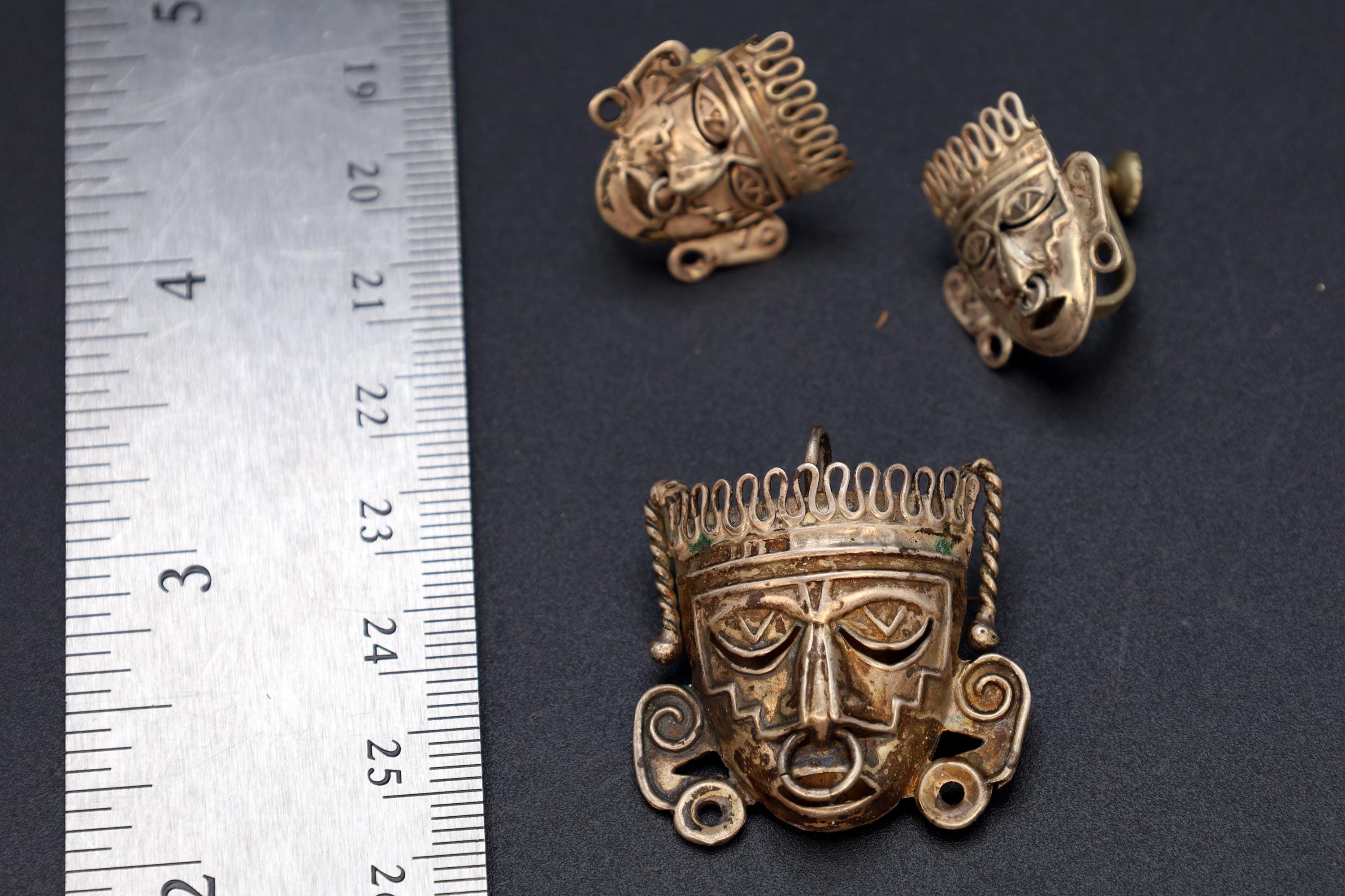 Taxco Mexico Jewelry Set, Pendant Brooch And Matching Earrings, Warrior Aztec Mask In Art Deco Style, Vintage 1940s Sterling Silver