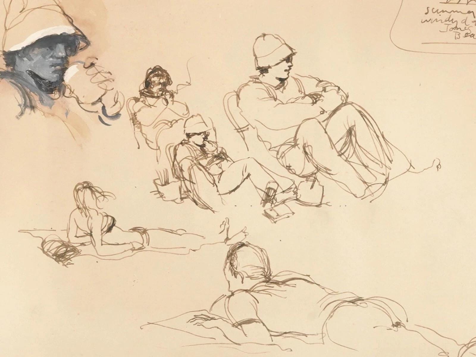 Vintage 1970s Sketch Drawing By Bozin Kuzman. Summer, Windy Day At Jones Beach, 1973 NYC. Ink And Gouache Painting