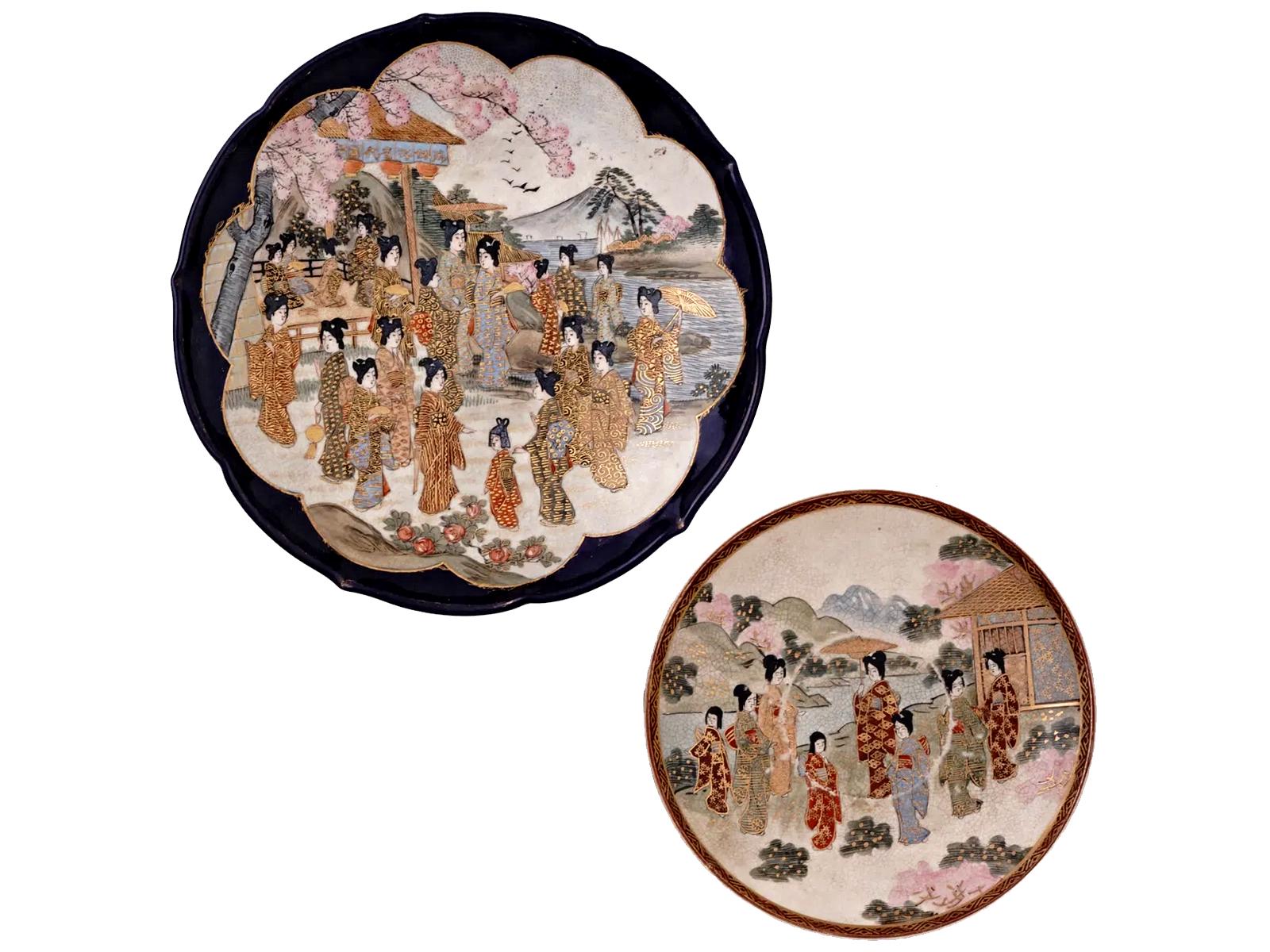 Antique Early 20th Century Meiji And Taisho Eras Japan, A Pair Of Satsuma Decorative Plates, Shimazu Crest, Both Signed