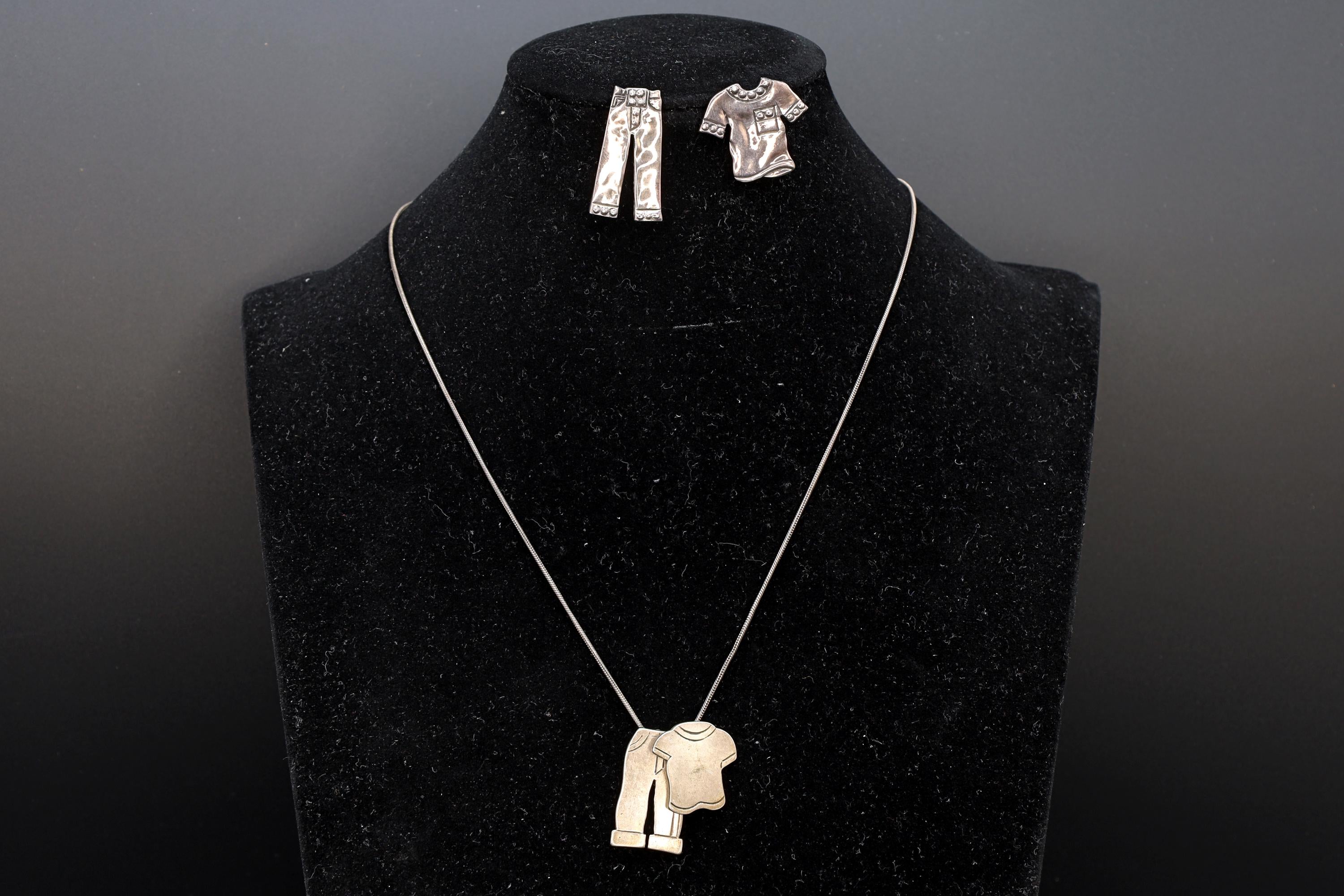 Shirt And Pants, Figural Jewelry Designs With 2 Two Pendants In A Cable Chain And Large Stud Earrings, 925 Sterling Silver