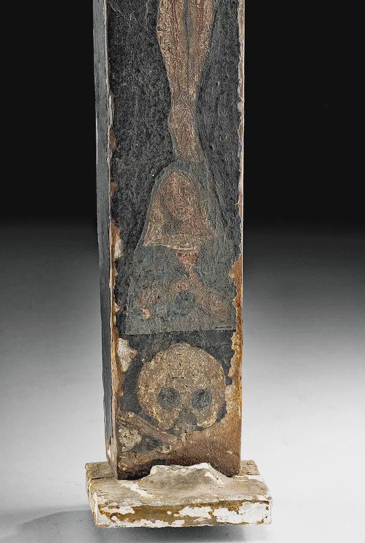 Late 19th Century Catholic Standing Crucifixion, The Holy Cross Of Souls, Cruz De Las Animas, Painted Wood Ex Voto, Mexican Religious Art
