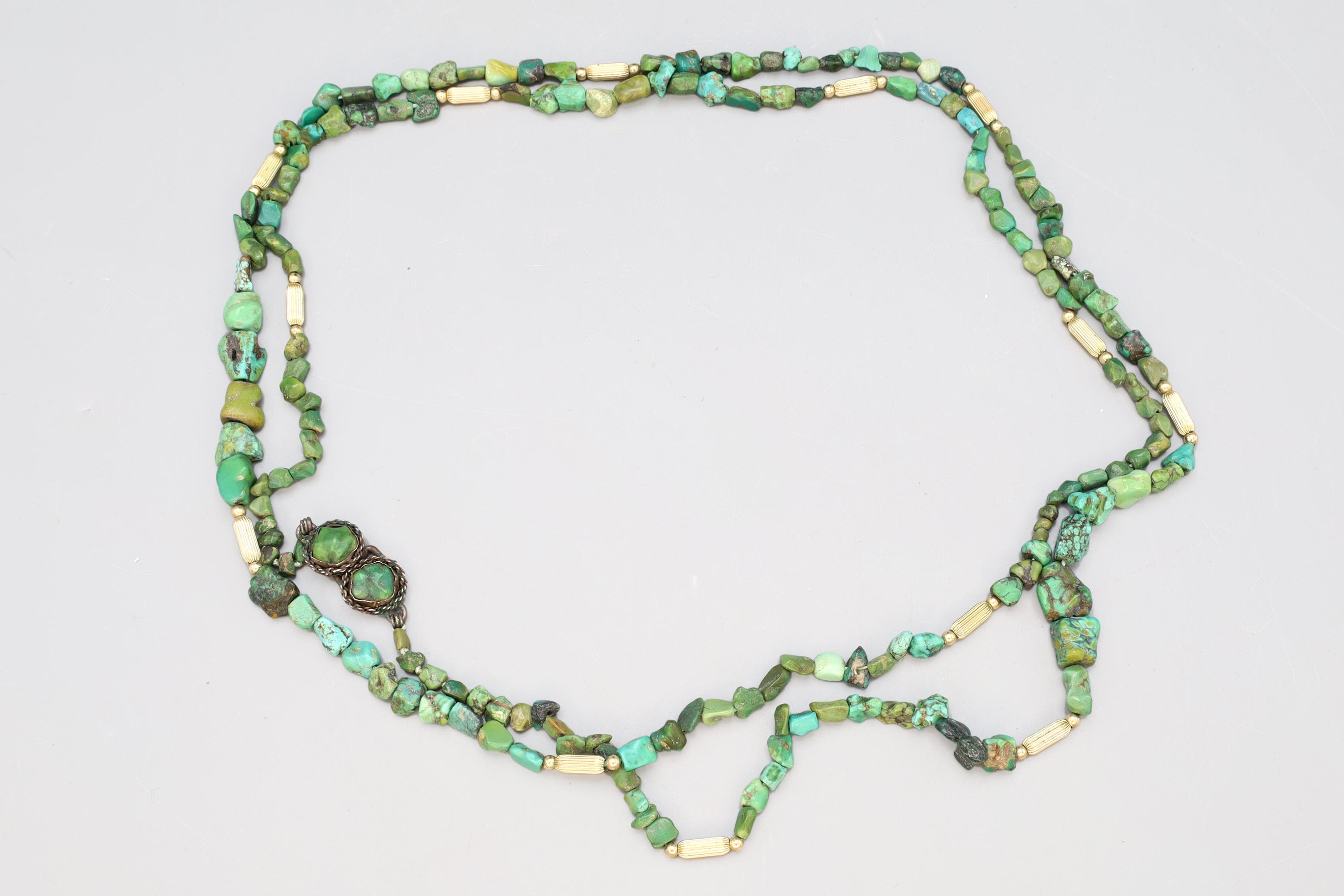 EXTRA LONG Vintage 1920s Chinese Exports Beaded Necklace, Green Turquoise And Sterling Silver, Gemstone Nuggets