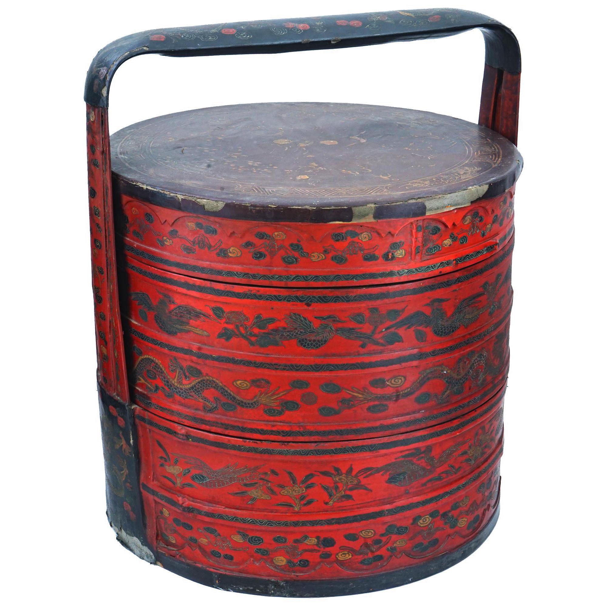 Antique Late 1800s Qing Dynasty Chinese Rice Bucket, Wooden Picnic Red Basket, Wedding Gifts, Hamper With Top Lid, Dry Food Nuts Container