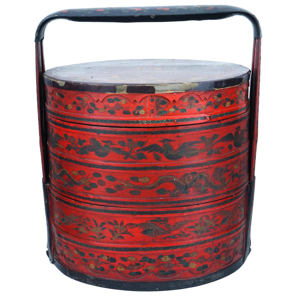 Antique Late 1800s Qing Dynasty Chinese Rice Bucket, Wooden Picnic Red Basket, Wedding Gifts, Hamper With Top Lid, Dry Food Nuts Container