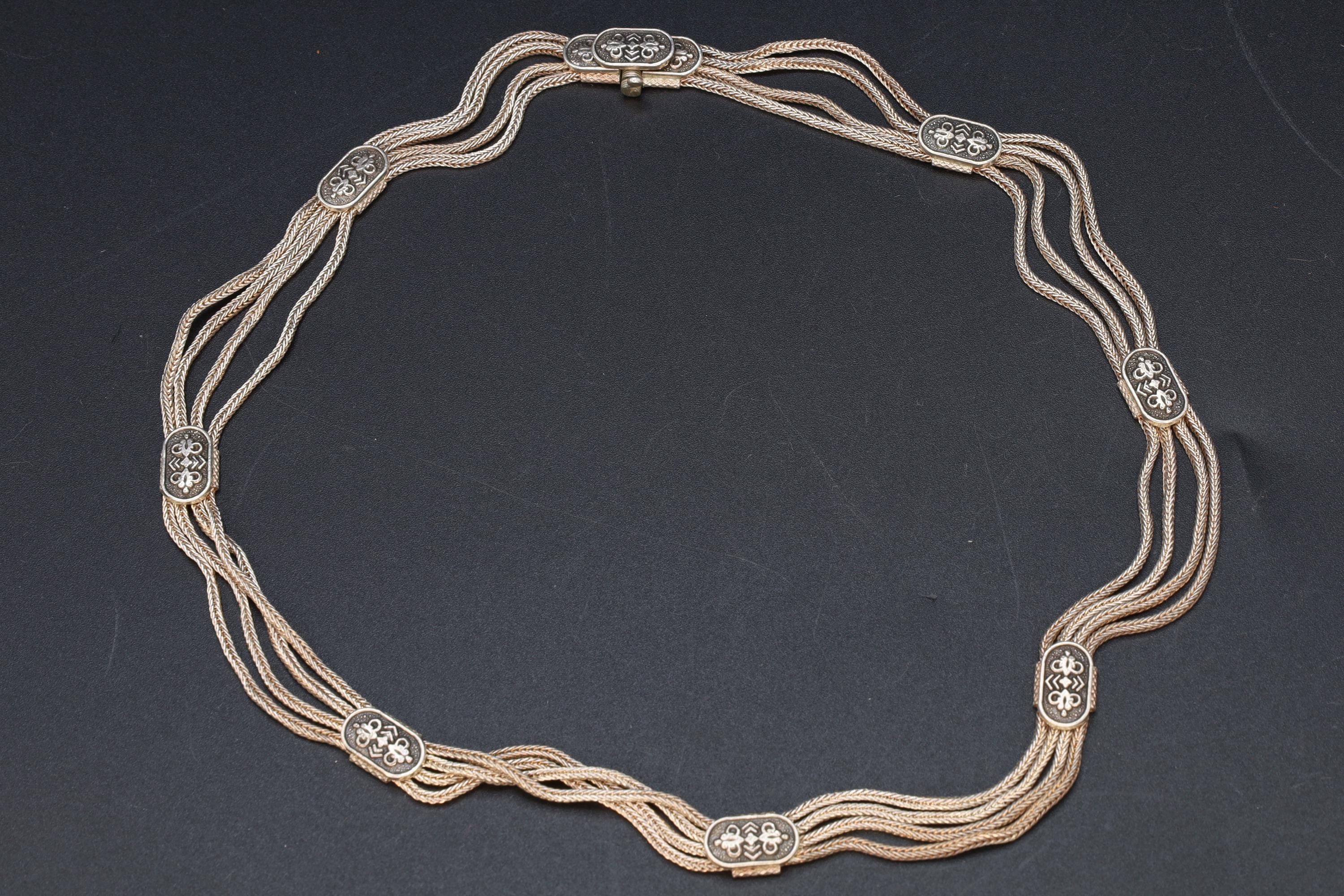 Turkish Ottoman Style Necklace, Multi Strand 925 Silver Wheat Chain, Niello Station Accents, Vintage Islamic And Caucasus Folk Jewelry