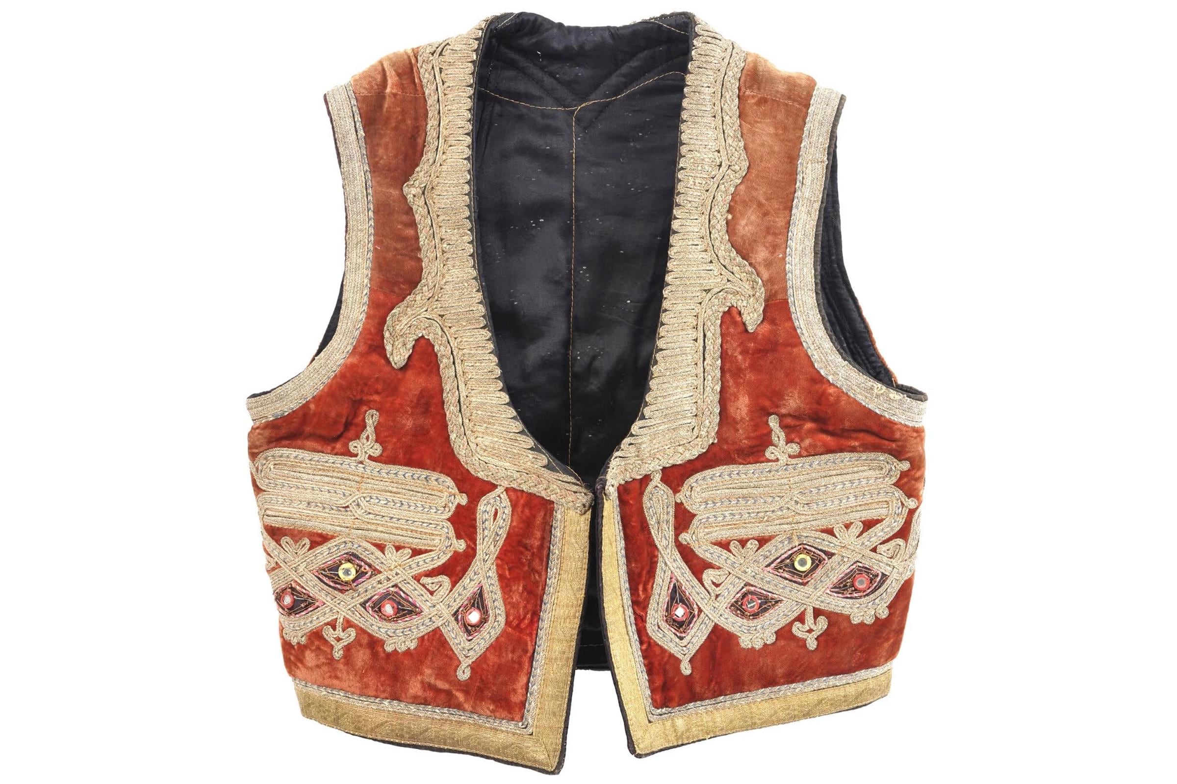 Traditional Central Asia Yelek Vest For Child, Scarlet Velvet, Silk And Embroidery, Around 1940s Ethnic Textiles USSR