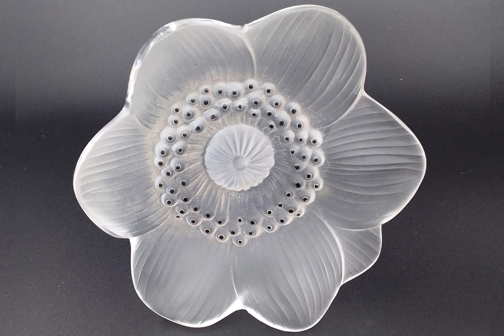 Lalique France Anemone Flower Figurine, A Large Figural Paperweight Or Desk Accent, Frosted Glass With Black Accents, Art Deco Style