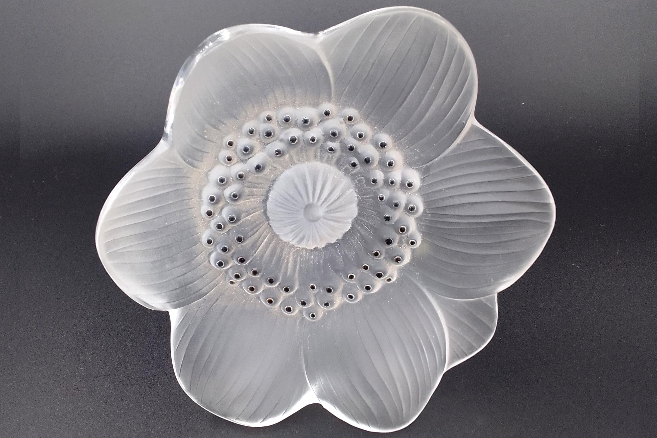 Lalique France Anemone Flower Figurine, A Large Figural Paperweight Or Desk Accent, Frosted Glass With Black Accents, Art Deco Style