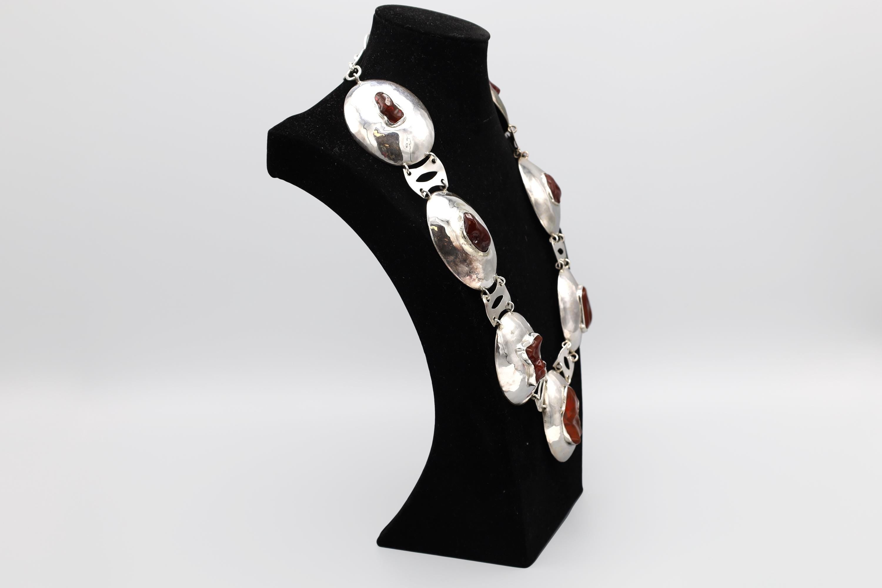 Vintage 1990s, Artisan Handmade Jewelry Piece, 925 Silver Southwestern Americana Massive Statement Necklace, Concho Necklace With Faux Amber