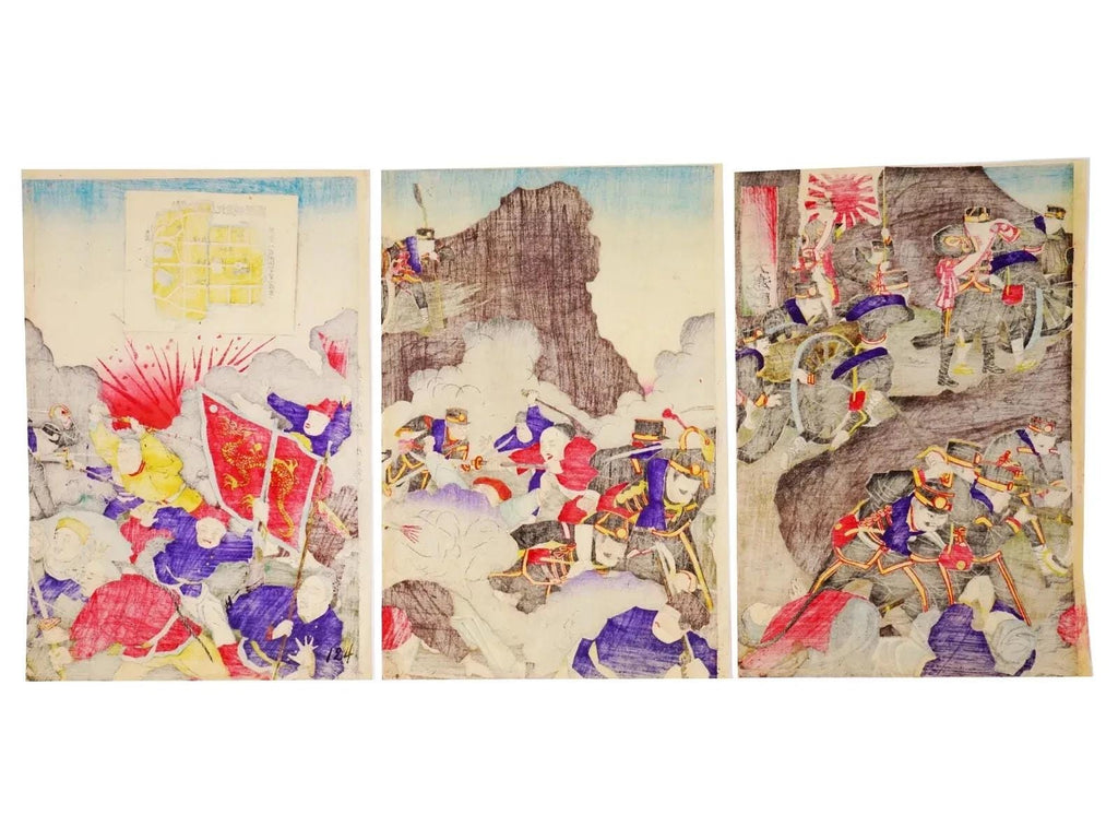 Ukiyoe, Original 1894 Imperial Meiji Era Senso-e Military Woodblock Triptych Prints, Asian Oriental Art, The First Sino And Japanese War