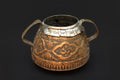 Antique 1900s Central Asia Hammered Copper And Brass Pot With Two Handles, Embossed Oriental Motifs, Islamic Arabic Calligraphy
