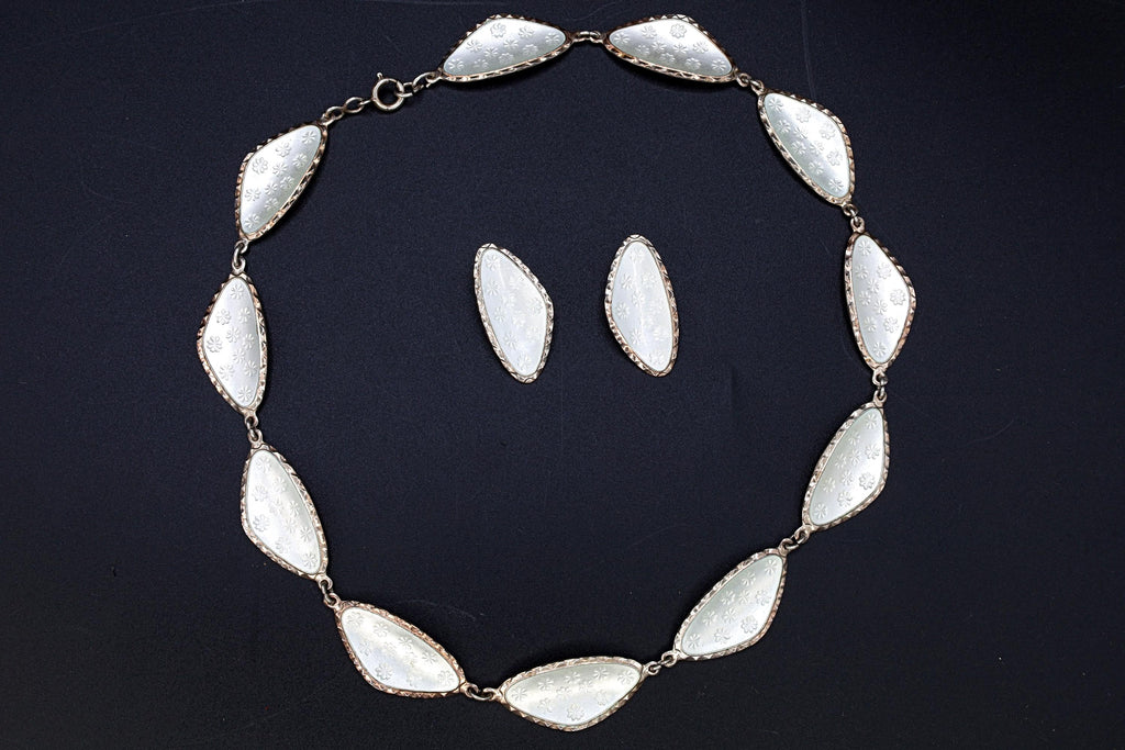 Andresen Scheinpflug, Vintage Modernist Jewelry Set, White Enamel And 925 Sterling Silver, Oval Ear Panel Links, Norway Scandinavian Fashion