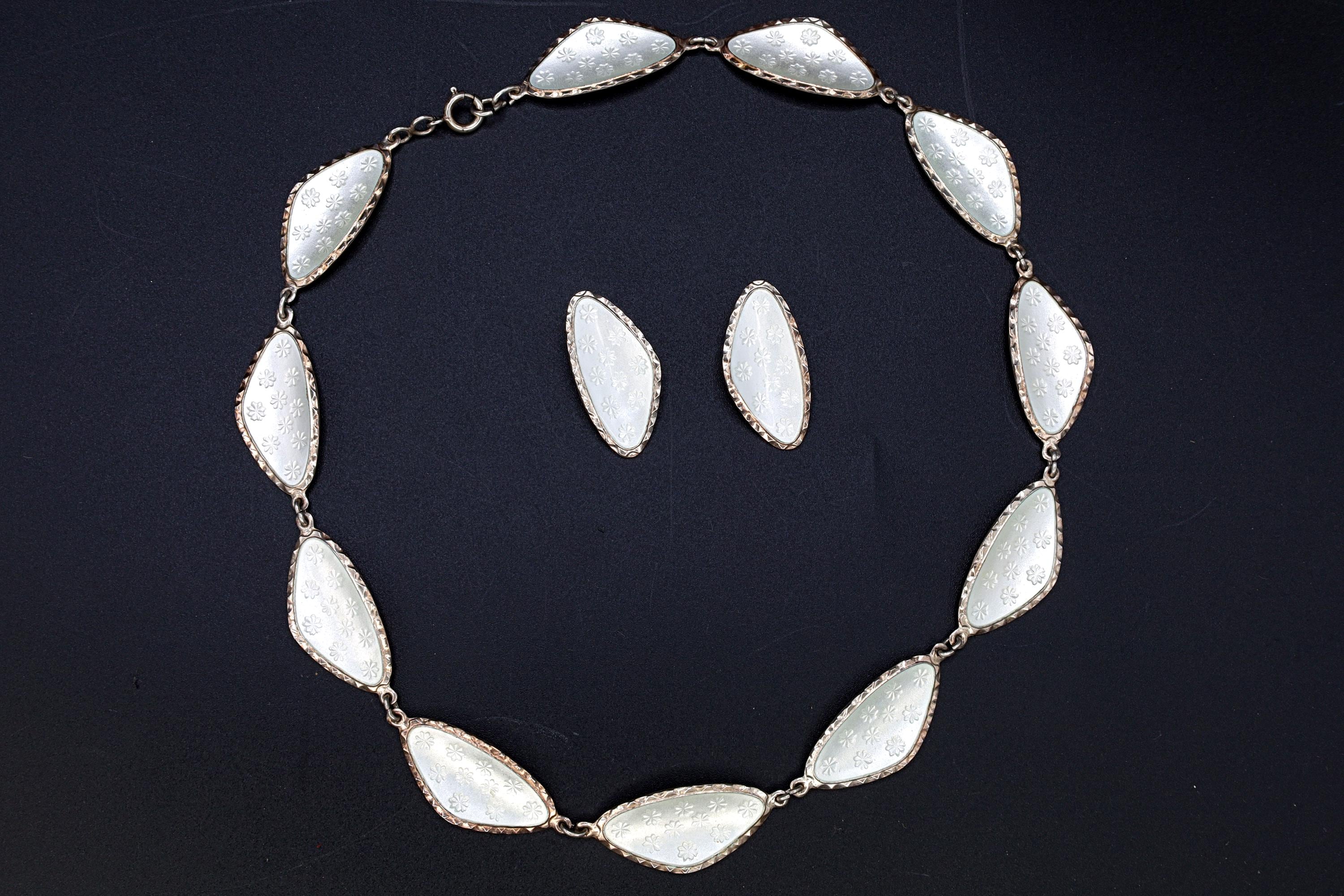 Andresen Scheinpflug, Vintage Modernist Jewelry Set, White Enamel And 925 Sterling Silver, Oval Ear Panel Links, Norway Scandinavian Fashion