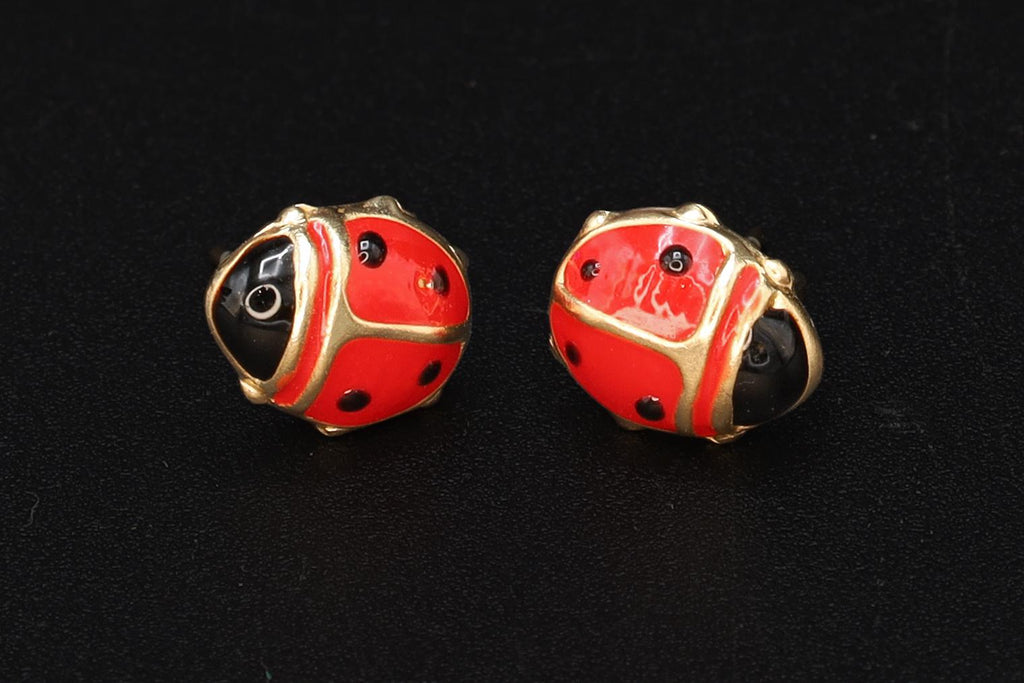 Ladybird Beetle, Small Baby Stud Earrings, Made Out With 14 Karats Yellow Gold And Colorful Enamel In Red Black, Children Jewelry