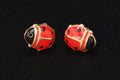 Ladybird Beetle, Small Baby Stud Earrings, Made Out With 14 Karats Yellow Gold And Colorful Enamel In Red Black, Children Jewelry