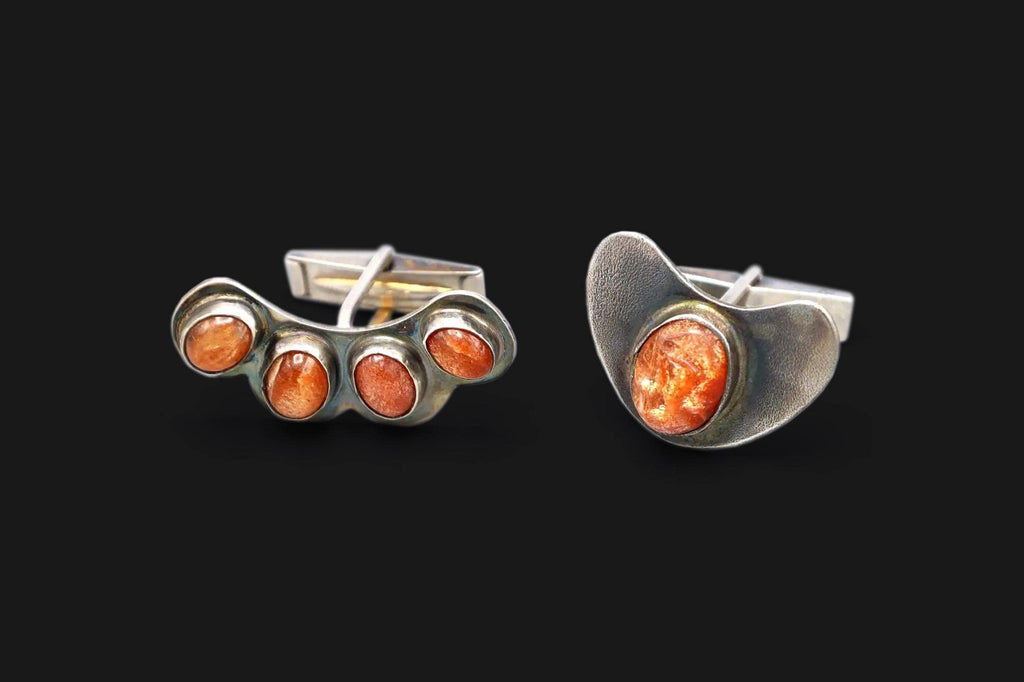 Vintage Mid Century Silver Cufflinks, Mens Jewelry In Modernist Style, Orange Goldstone Cabochons