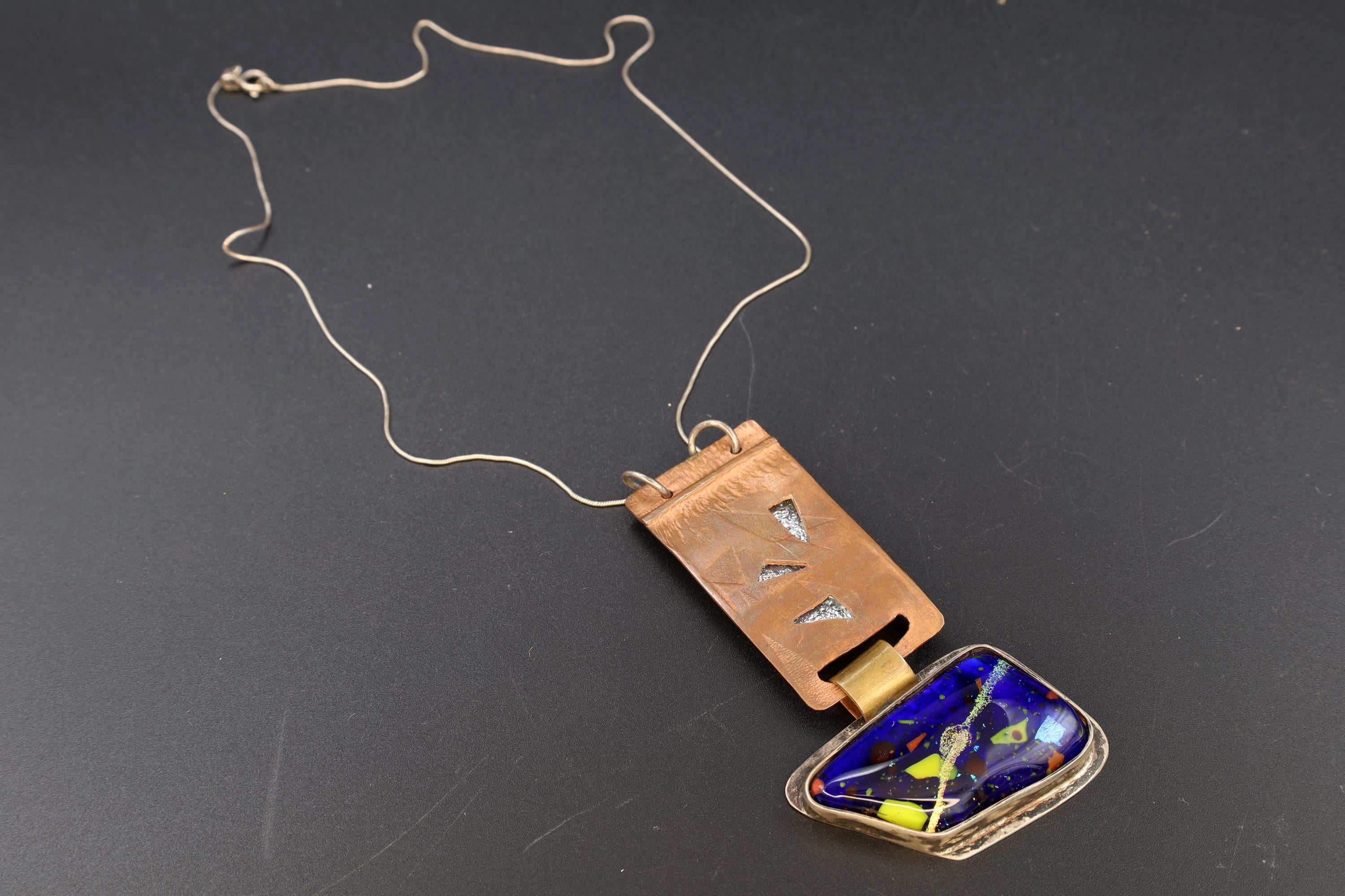 Handmade Brutalist Pendant Necklace, Dichronic Glass, 925 Sterling Silver And Copper, California USA Modernist Fashion Accessories Jewelry