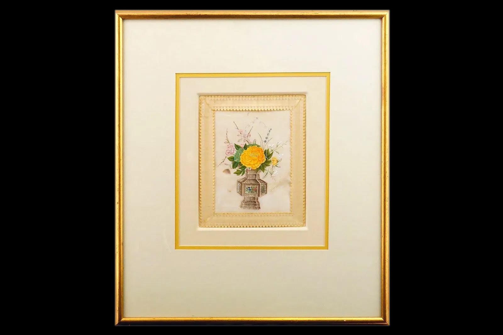 Antique 19th Century Imperial China Qing Dynasty Artwork, Chrysanthemum Flowers, Painting In Rice Paper, Oriental Art Collectibles