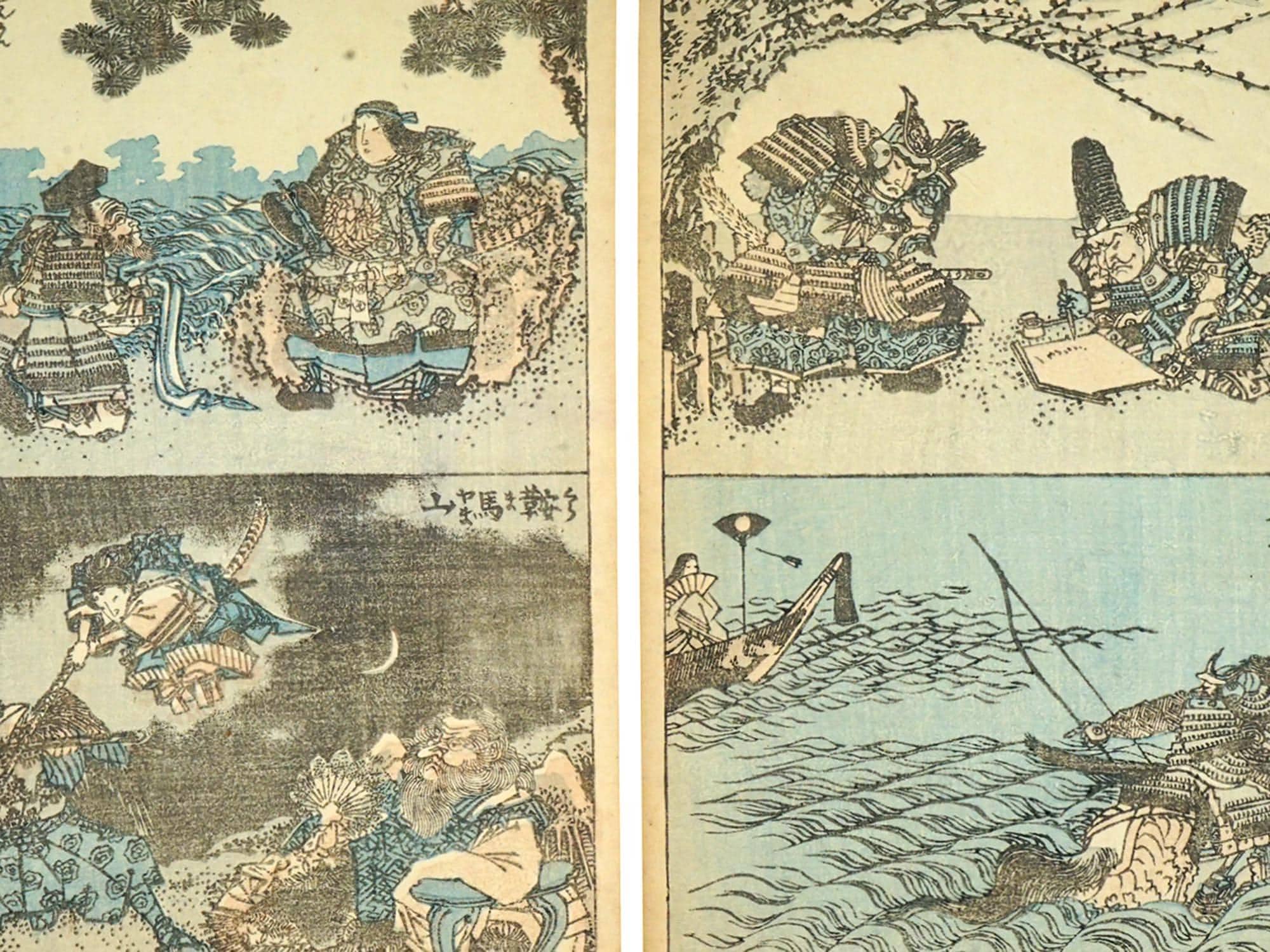Katsushika Hokusai, Late 18th Century Woodblock Art Print, Samurai Warriors From The Gafu Album, Japanese Ukiyo-e Book Pages