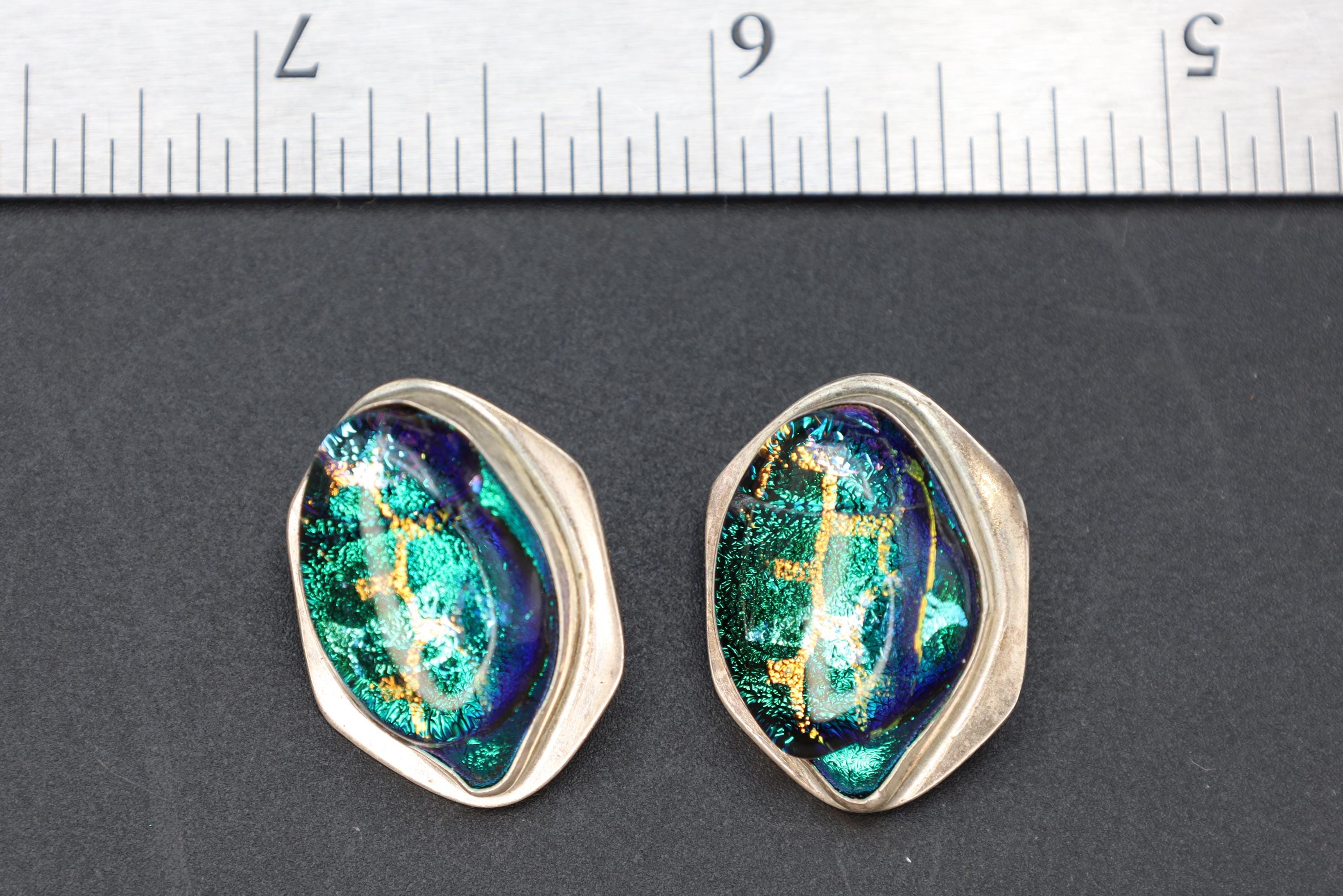 Large Modernist Stud Earrings With A Geometric Shape And Avant Garde Design, 925 Sterling Silver And Dichroic Glass Handmade Jewelry