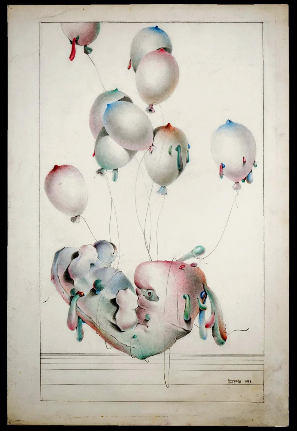 Abortion, A Hand Signed 1973 Color Pencil Drawing Painting By Antonio. Surrealism, Contemporary Artwork With Ballons