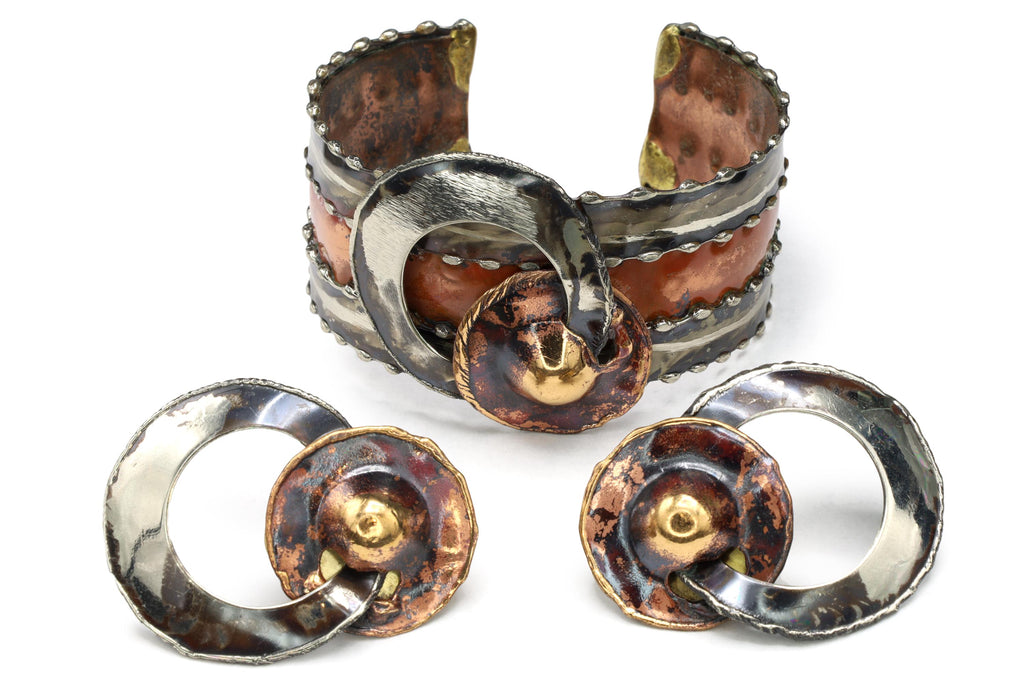 Jewelry Set By Ndebele Women Of South Africa, A Cuff Bracelet And Matching Large Pierced Stud Earrings, Mixed Media Metals, Brutalist Design