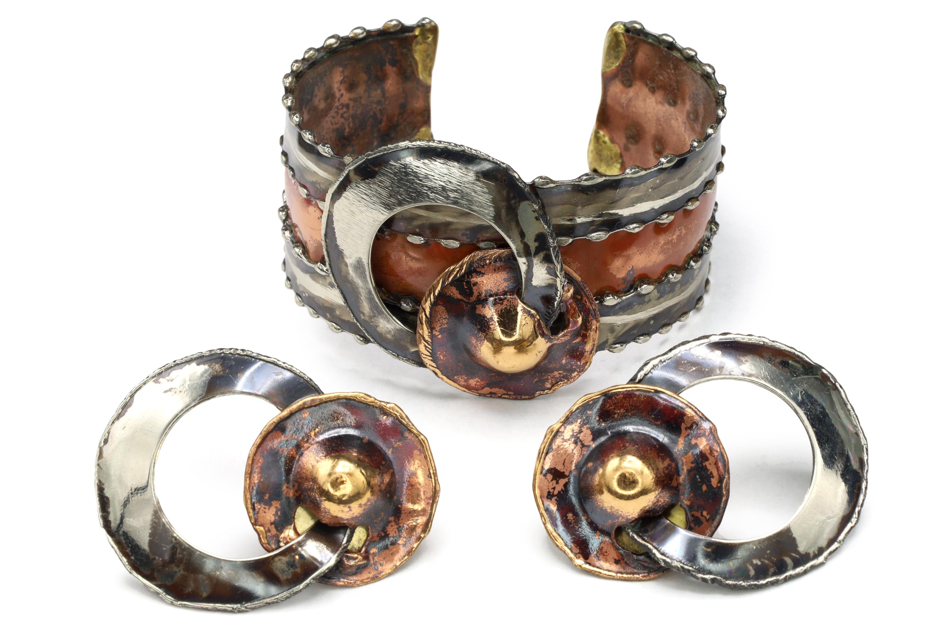 Jewelry Set By Ndebele Women Of South Africa, A Cuff Bracelet And Matching Large Pierced Stud Earrings, Mixed Media Metals, Brutalist Design
