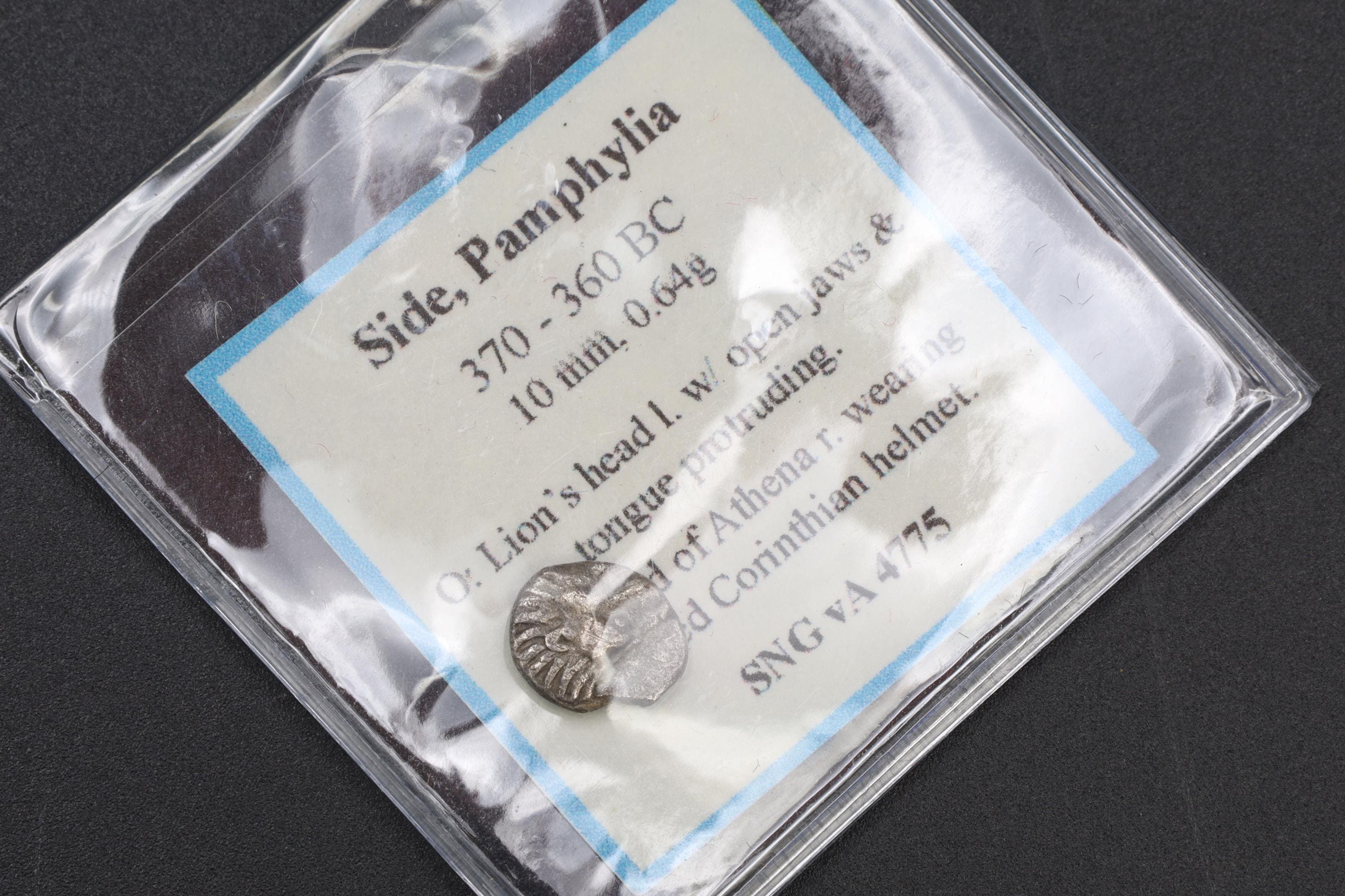 Side, Pamphylia 370 To 360 BCE Obol Silver Coin, Goddess Athena With Corinthian Helmet, Lion Head, Ancient Collectibles And Numismatics
