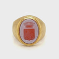 Statement Signet Ring With Famili Crest Intaglio, 14 Kt Yellow Gold Ring Size 4 With Heraldry Coat Of Arms Agate Cabochon, Weight 7.3 grams