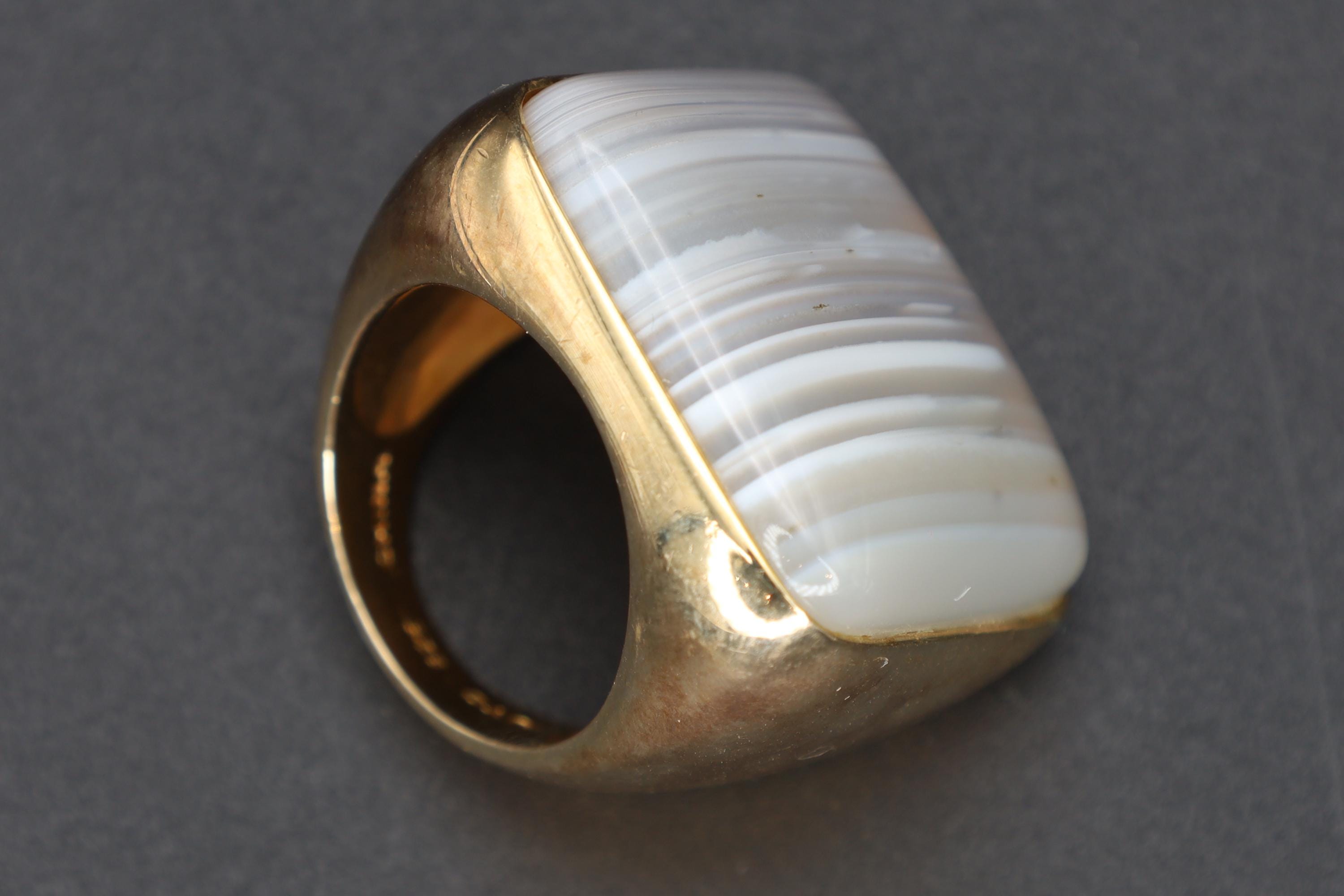 Banded Agate, Sterling Silver And Gold Wash Ring Size 6 USA Charts, Bold Statement Ring With Hallmarks, Lace Agate In Square Shape, Jewelry